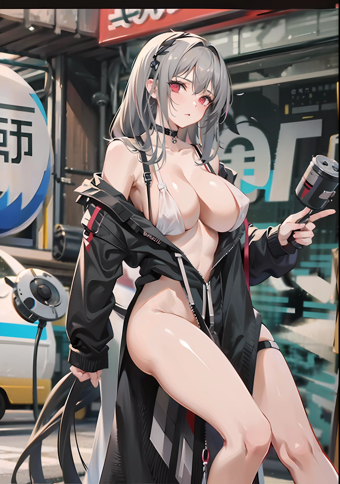 Long legs, long hair, gray hair, cyberpunk, depth of field, blurred background, thong, nudity, big breasts, cleavage, vaginal fissure, lace pajamas, no coat, sexy