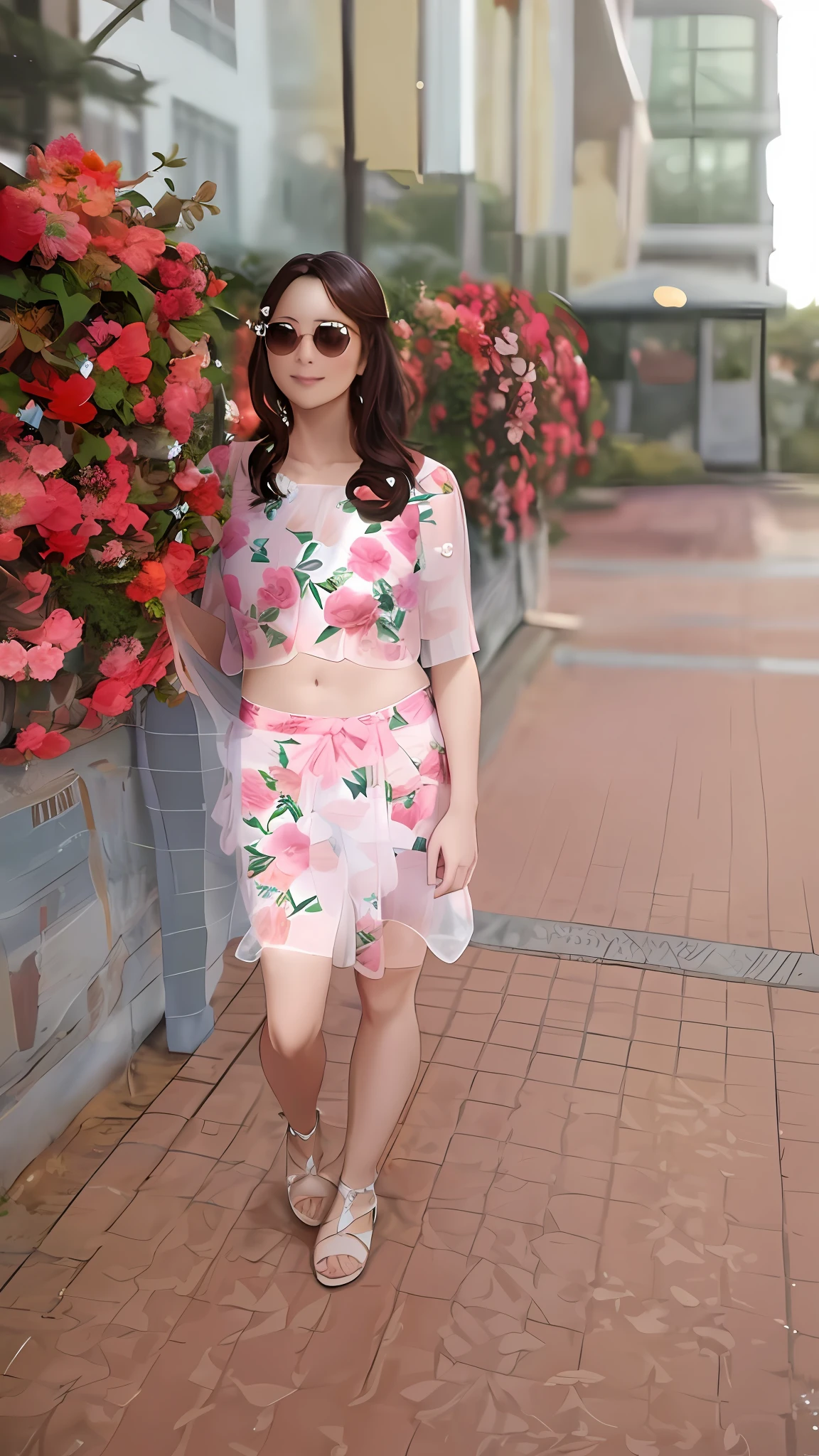 Arafed woman in bikini standing on the sidewalk next to the fence, dressed in a transparent bikini, without clothes floral mood, standing in the botanical garden, floral bikini, in pink floral bikini, in a wonderful bikini, photo shoot, in pink bikini, girl in bikini, in revealing bikini