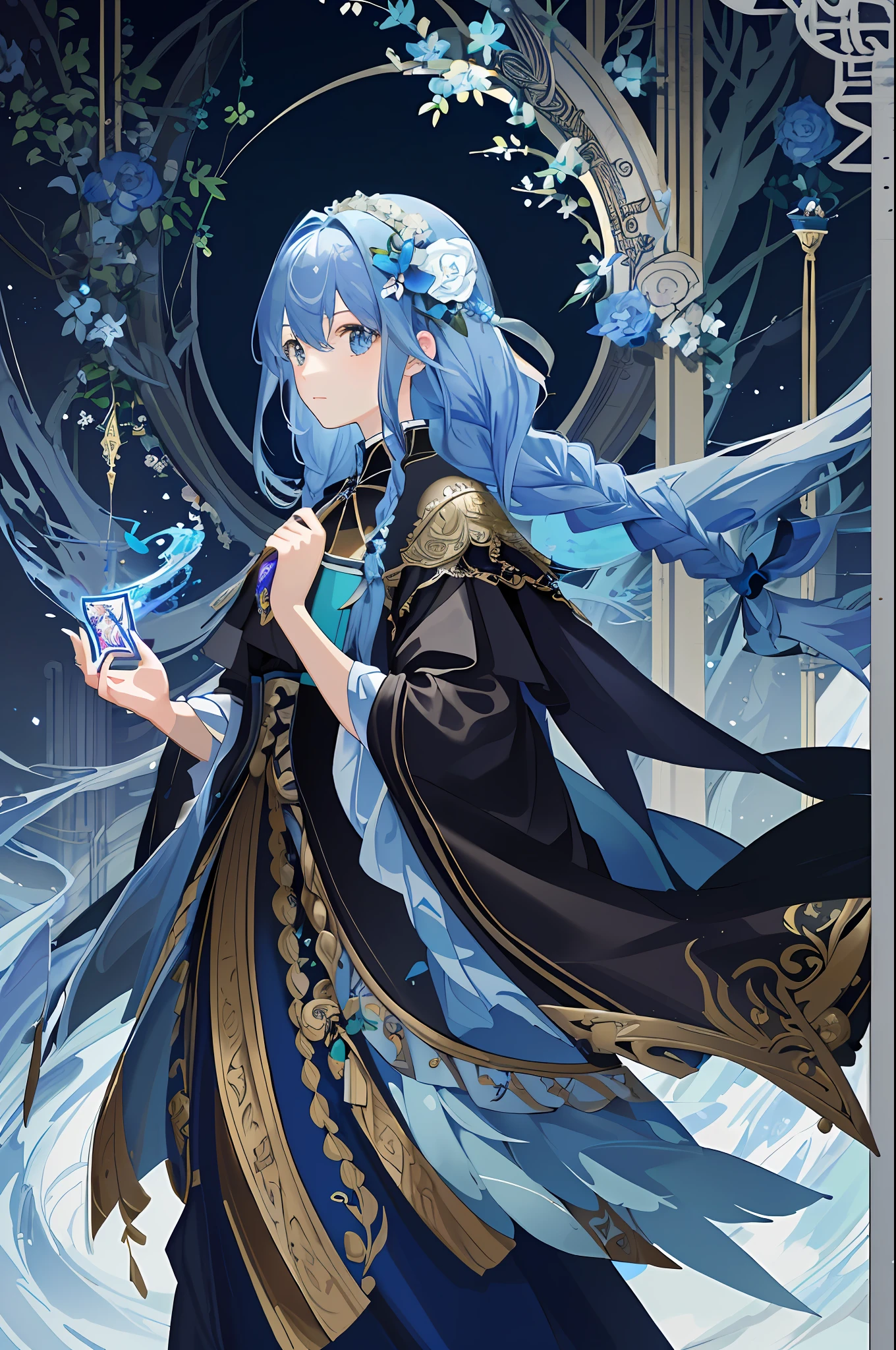(masterpiece, top quality, best quality, official art, beautiful and aesthetic:1.2), (1girl:1.3), (fractal art:1.3), card, tarot,blue hair, twin braids, hair flower, (good lighting:1.1), ((highres)),