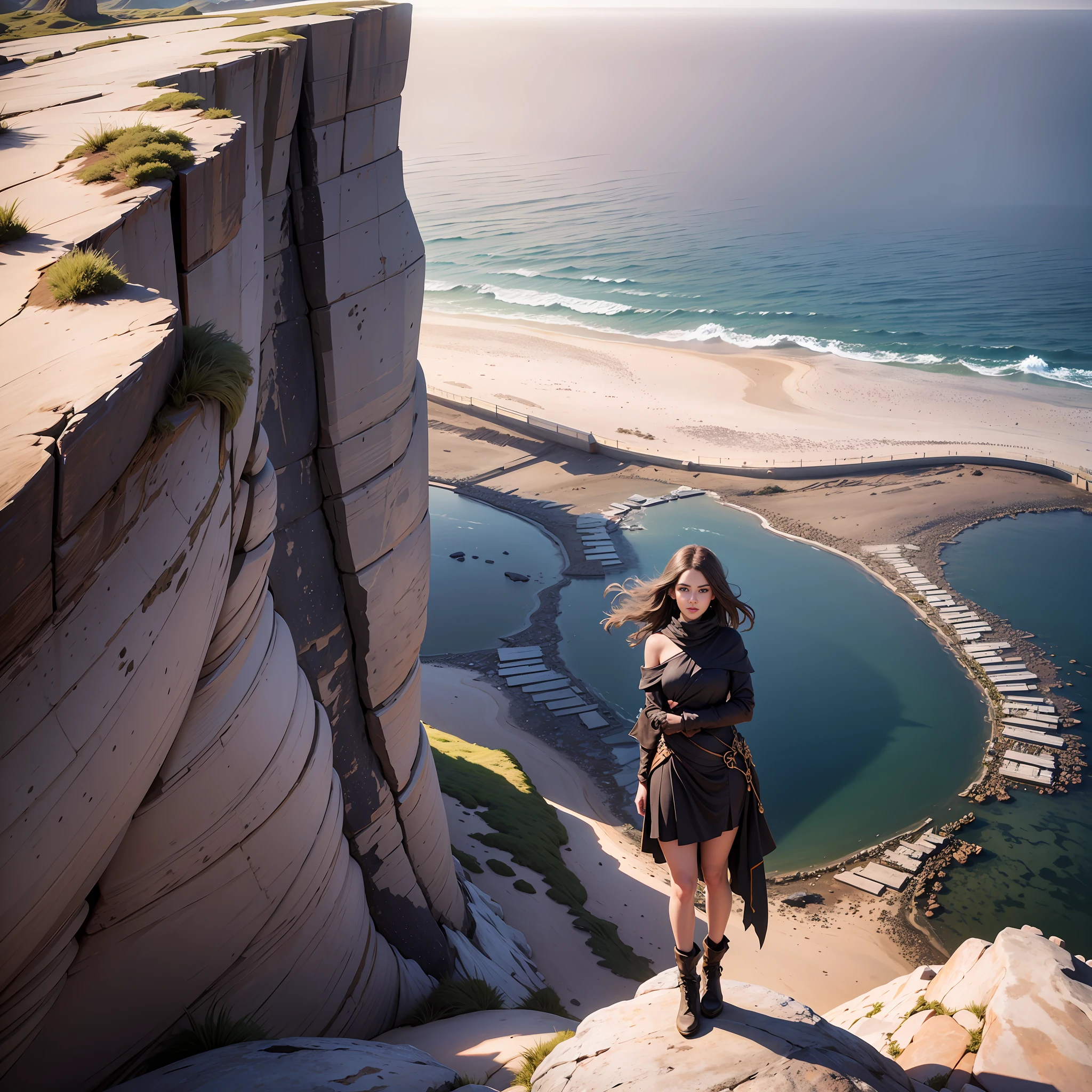 A high-resolution image, in 8K, portrays an 18-year-old young woman in a majestic pose, standing atop a elevated rock as she gazes at the horizon and the vast sea in front of her. Her slender and graceful body is displayed in all its glory, with every curve and detail captured in an ultra-realistic quality.