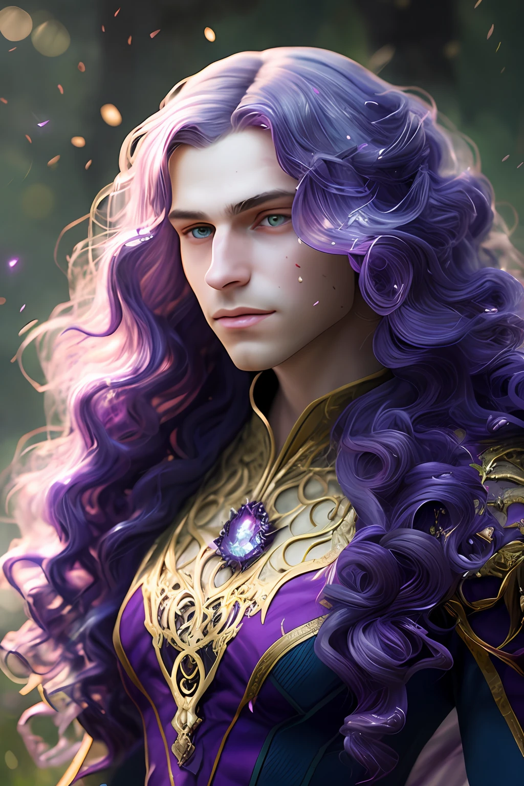 masterpiece: 1.2, best quality)), 1 man, long purple hair, purple eyes (handsome: 1.4), white suit, fantasy, uniform, royalty, forest, blooming flowers, sunlight, fantastic light and shadow, landscape , extremely detailed face, portrait, smile, red earring...