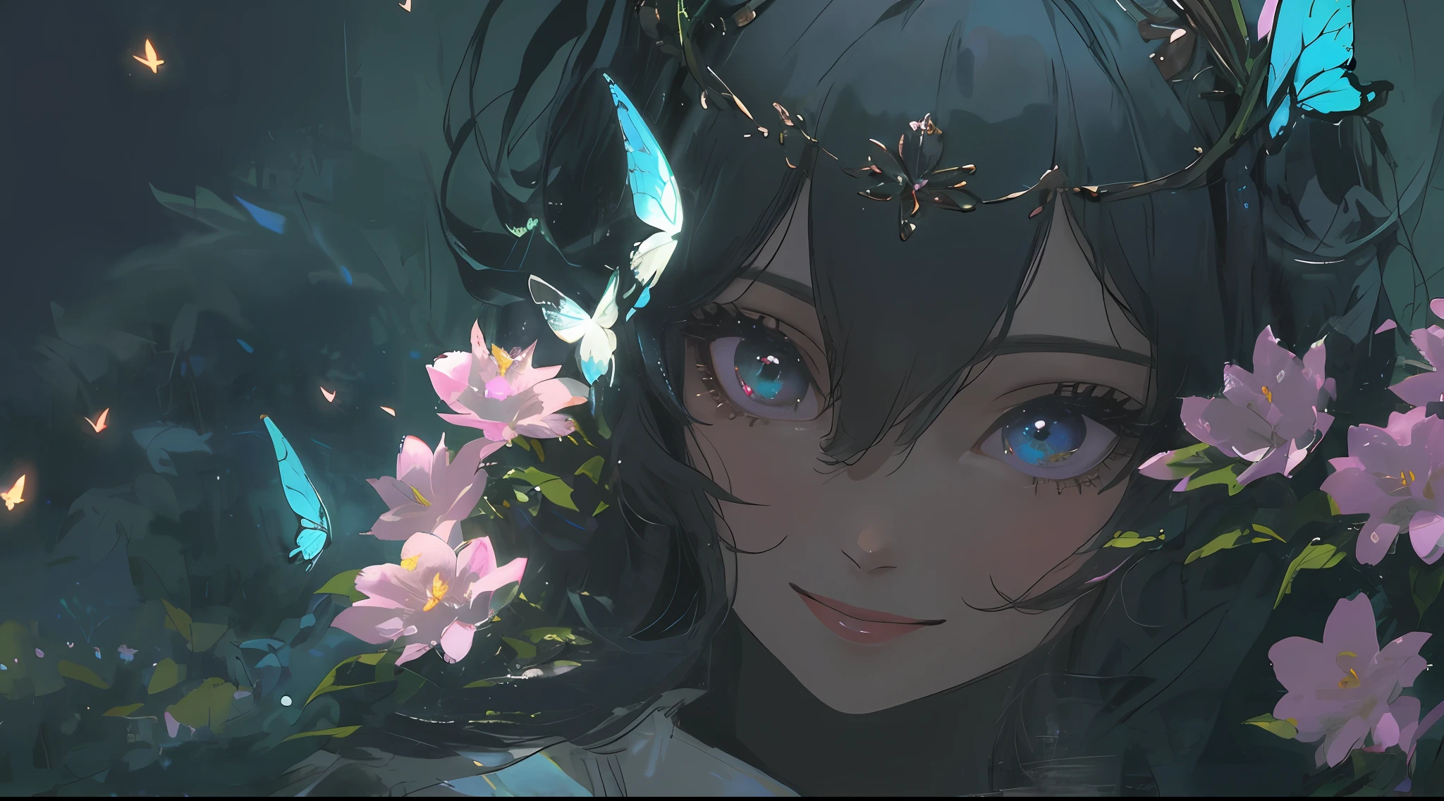Close up, close-up, portrait close-up, cinematic lighting, masterpiece, best quality, high resolution, ultra-detailed, extremely detailed eyes and face, beautiful detailed eyes, a woman, solo, woman with a flower crown on her head, smile, happy, happy expression, black hair, flower in hair, flower crown, dreamy, ethereal, dark, forest, forest at night, butterfly, glowing butterfly