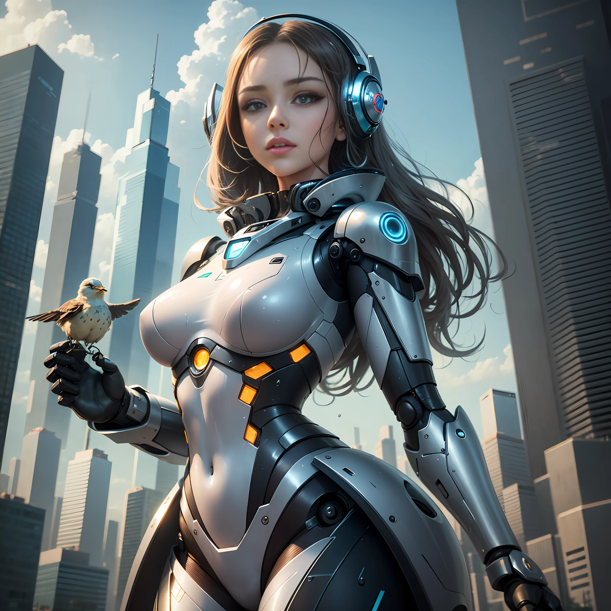 A robot with perfect female face, super realistic humanoid, robot with human-like face and mechanical detailed body, 8K image, robot with bird posing in its hand, peaceful environment, futuristic city background, super realistic robot with human-like physiognomy, peaceful robot, ((Masterpiece, best quality,)), dumb, (wet:1.2), girl, medium breasts, (see-through:1.3) --auto --s2