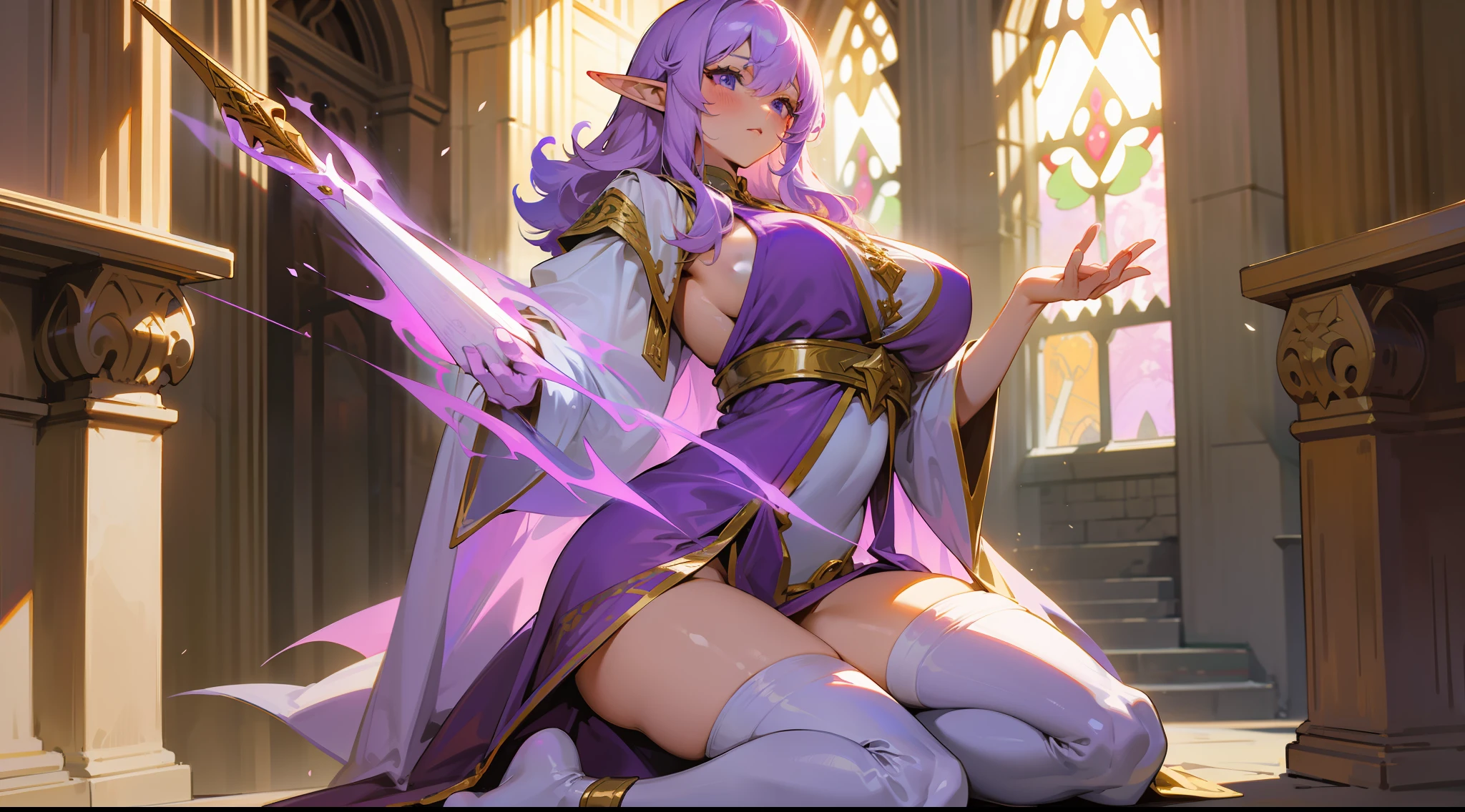 an elf mage, curly and lilac hair, bangs, large breasts, exposed thighs, hair between eyes, heroic posture, lilac eyes, full body, golden, white and purple robes, confident, fantasy, medieval, medieval castle, rays of sun