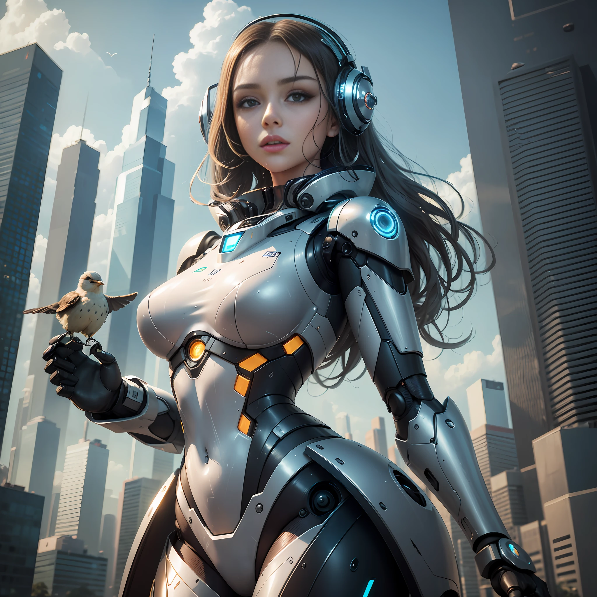 A robot with perfect female face, super realistic humanoid, robot with human-like face and mechanical detailed body, 8K image, robot with bird posing in its hand, peaceful environment, futuristic city background, super realistic robot with human-like physiognomy, peaceful robot, ((Masterpiece, best quality,)), dumb, (wet:1.2), girl, medium breasts, (see-through:1.3) --auto --s2