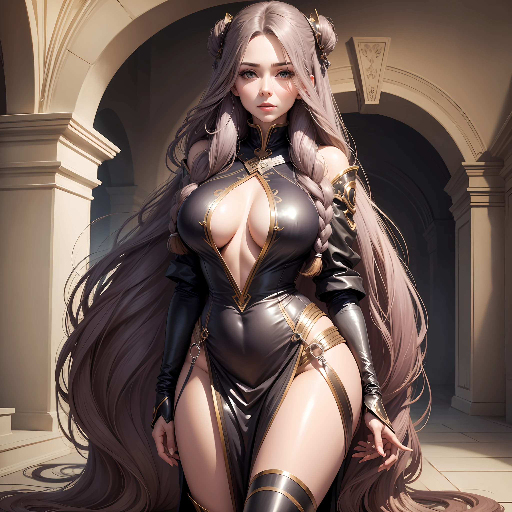 Woman with very long hair. Her hair covers her large chest
