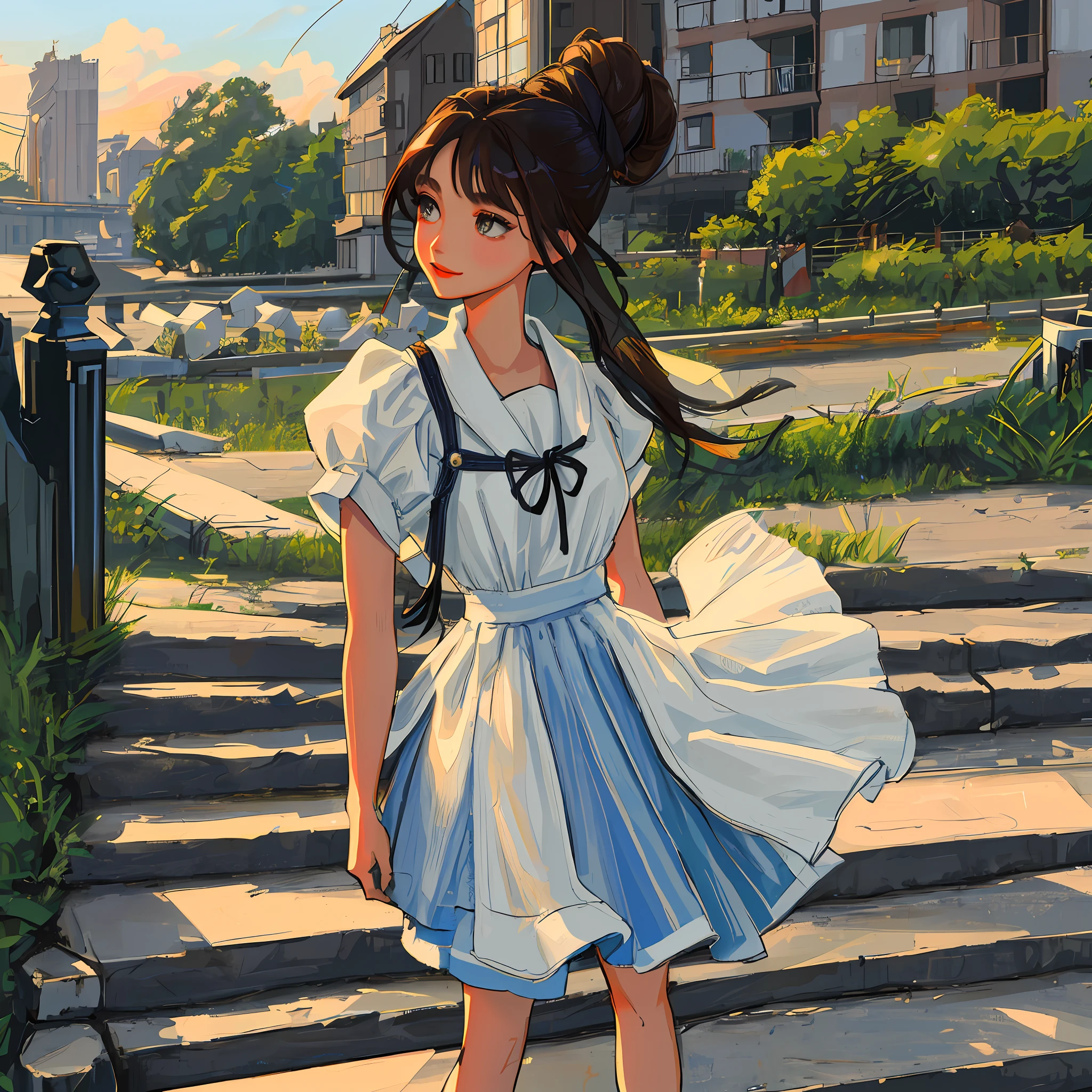 there is a girl happily sitting on the steps of a staircase of a rural building, brunette-dark brown wavy hair tied up in a messy bun, amber eyes, white designed crop top with dark blue jacket, broen shorts, knee high socks, beige sneakers, grunge outfit, vibrant colors, aesthetic, e-girl, modern era, slight gap between two front teeth, long eyelashes, slightly glossy lips, faint eyeshadow, eyeliner, slight blush, alluring look, twenty year old girl, young adult girl, slight rebellious vibes, calming are, trees and bustling city in the foreground, smiling fully, suburban area, rural, suburbs, quiant little area, 1girl, solo, masterpiece, incredibly detailed, great in-depth detailing, high grade artwork, 4k resolution, soft and warm lighting, calming and soothing, comforting, small and slender face shape, incredibly hot and irresistable, overall hot, anime art style, anime girl, young adult face, adult features, lean physique, incredibly large buttocks, big alluring lips,, very hot anime girl with alluring aura and flirty smile