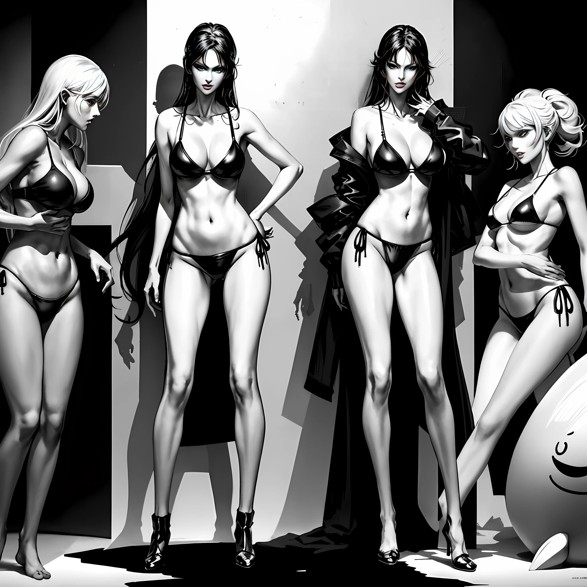 Masterpiece, master black and white manga, 8k, grayscale, a woman in a one-piece standing in virtual space, big breasts, enchanting woman in panties and bra, seductive anime girl, surreal sweet girl, sexy girl, bikini, bra, beautiful and seductive anime woman, elegant bikini, realistic sexy element messenger, light milky white porcelain skin, italian goddess, bikini, beautiful female body, full body standing, height 180CM, real light and shadow following, Monica Bellucci