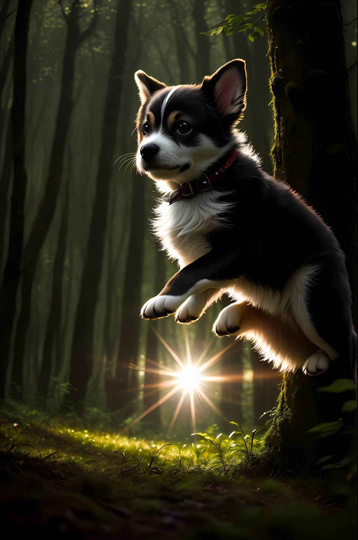 close up photo of a very cute jumping puppy in the forest, look at a camera, soft volumetric lights, (backlit:1.3), (cinematic:1.2), intricate details, (ArtStation:1.3), Rutkowski