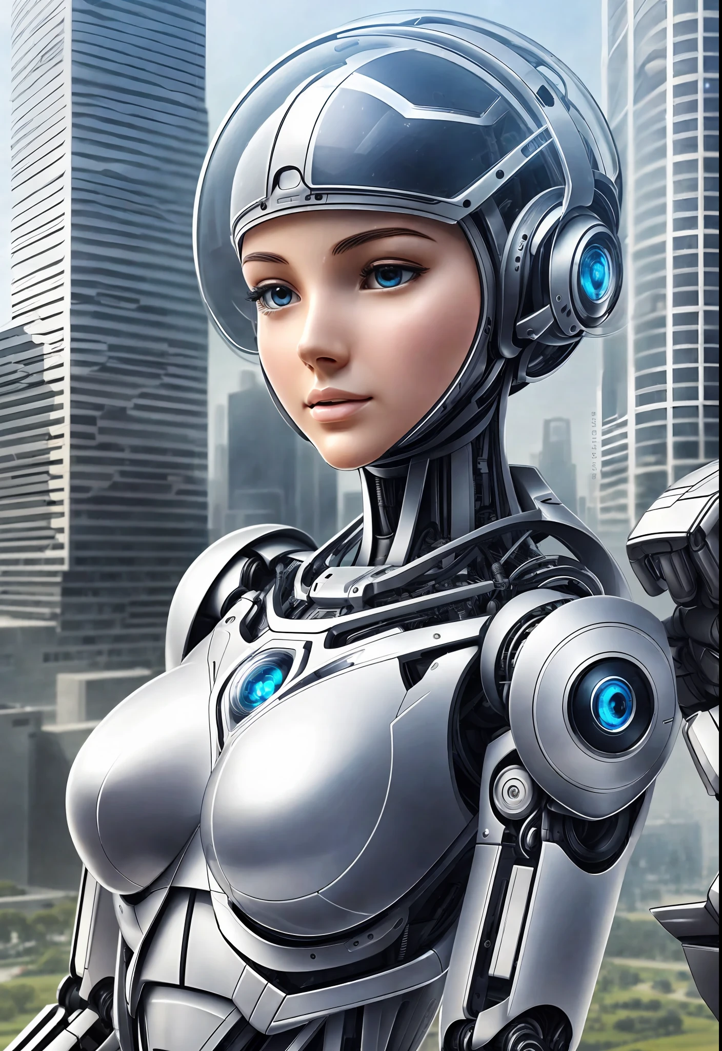 A robot with perfect female face, super realistic humanoid, robot with human-like face and mechanical detailed body, 8K image, robot with bird posing in its hand, peaceful environment, futuristic city background, super realistic robot with human-like physiognomy, peaceful robot, ((Masterpiece, best quality,)), dumb, (wet:1.2), girl, medium breasts, (see-through:1.3) --auto --s2