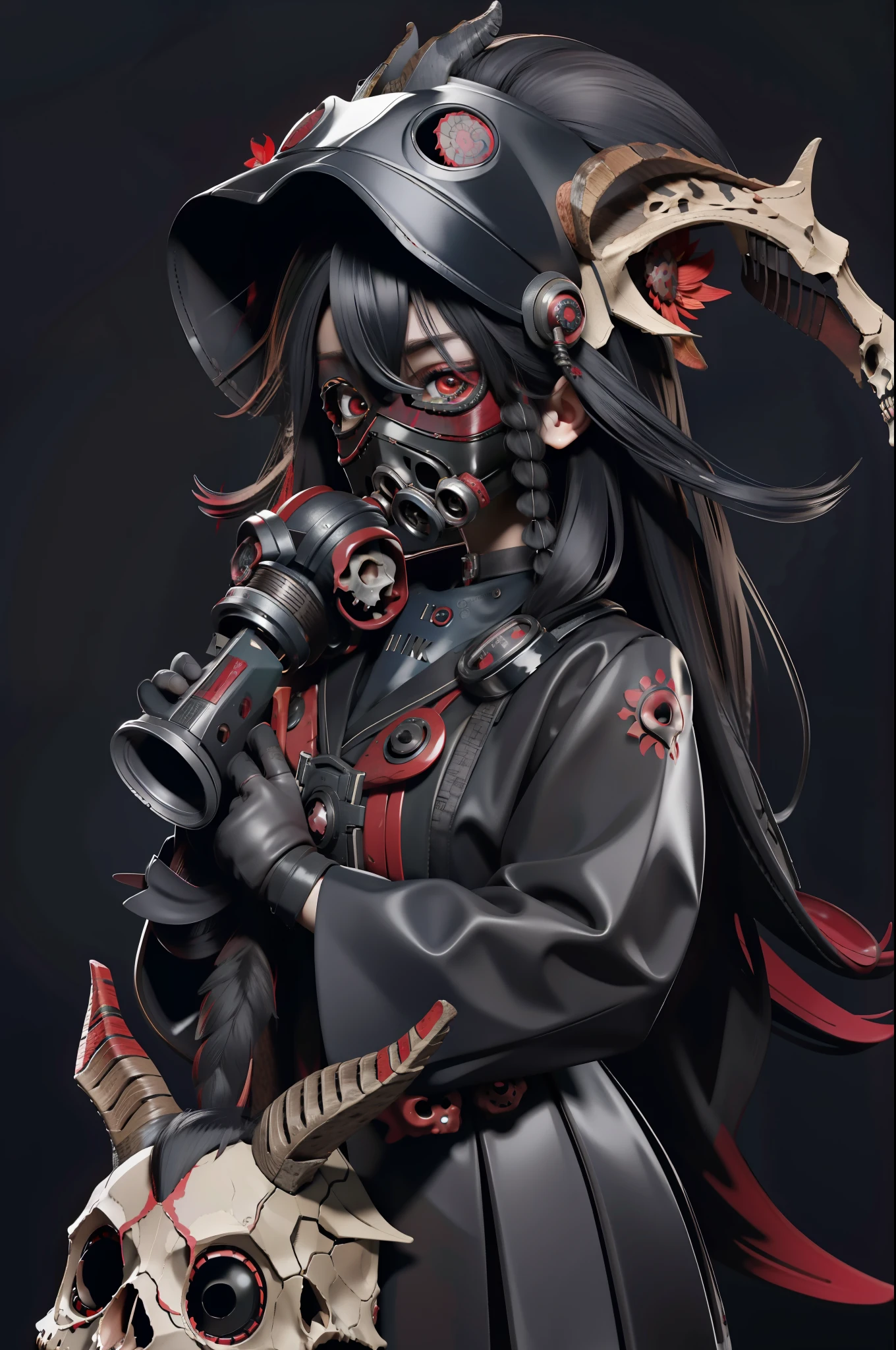 (official art,unity 8k wallpaper,ultra detailed,High quality,best quality),
(zentangle, mandala, tangle, entangle:0.6),(red, black),flat color,limited palette,low contrast,(1girl:1.2),solo,serafuku,long straight black hair,lycoris flower,(goat skull:1.3),(horror),(gloomy),blood,(gasmask:1.3),