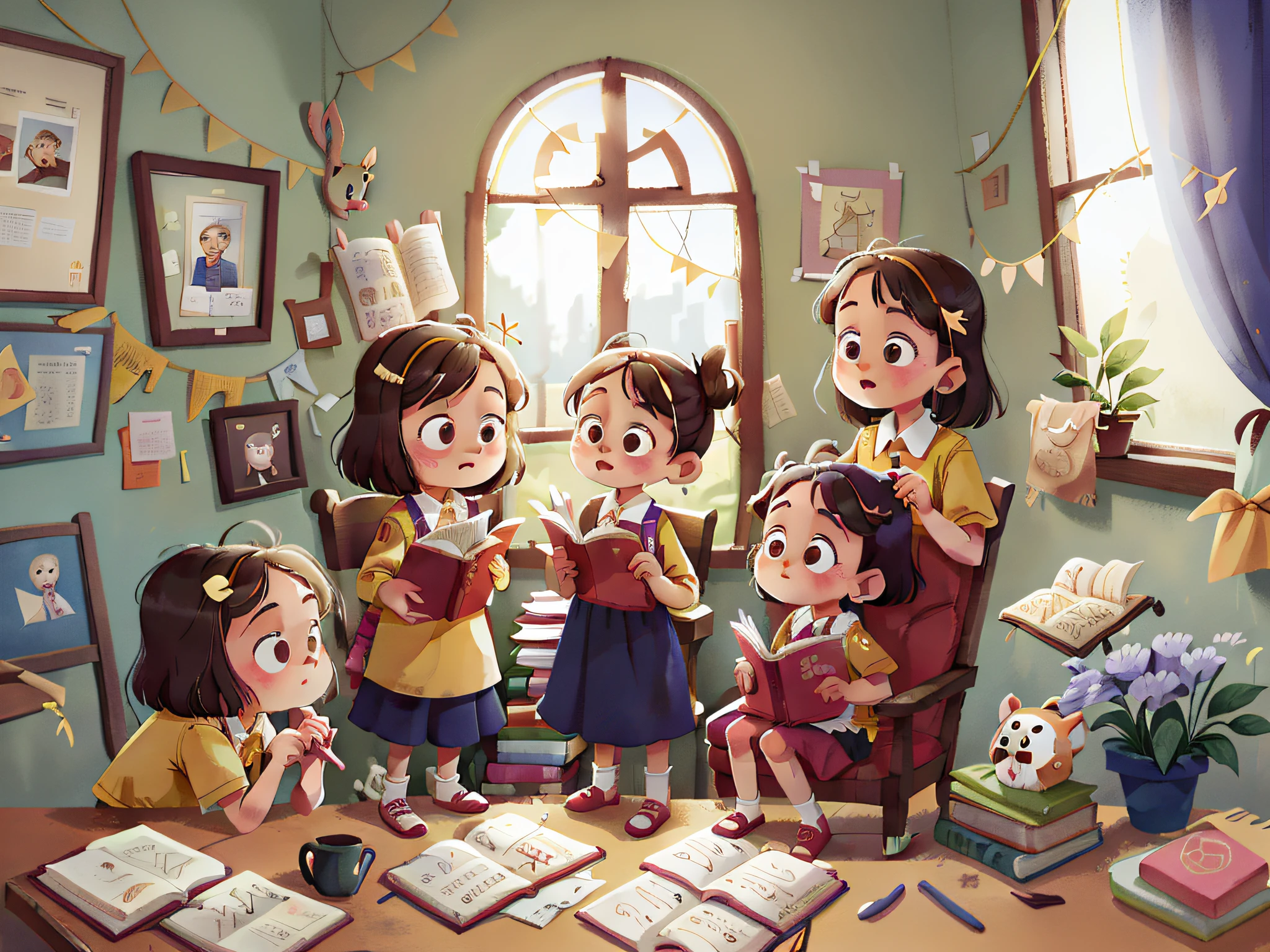 On a special Sunday, the family of the "Pillipillias" went to church. The girls were always attentive during the service and at the end helped collect the books and clean the chairs. They knew that the church was a sacred place and deserved care and respect.