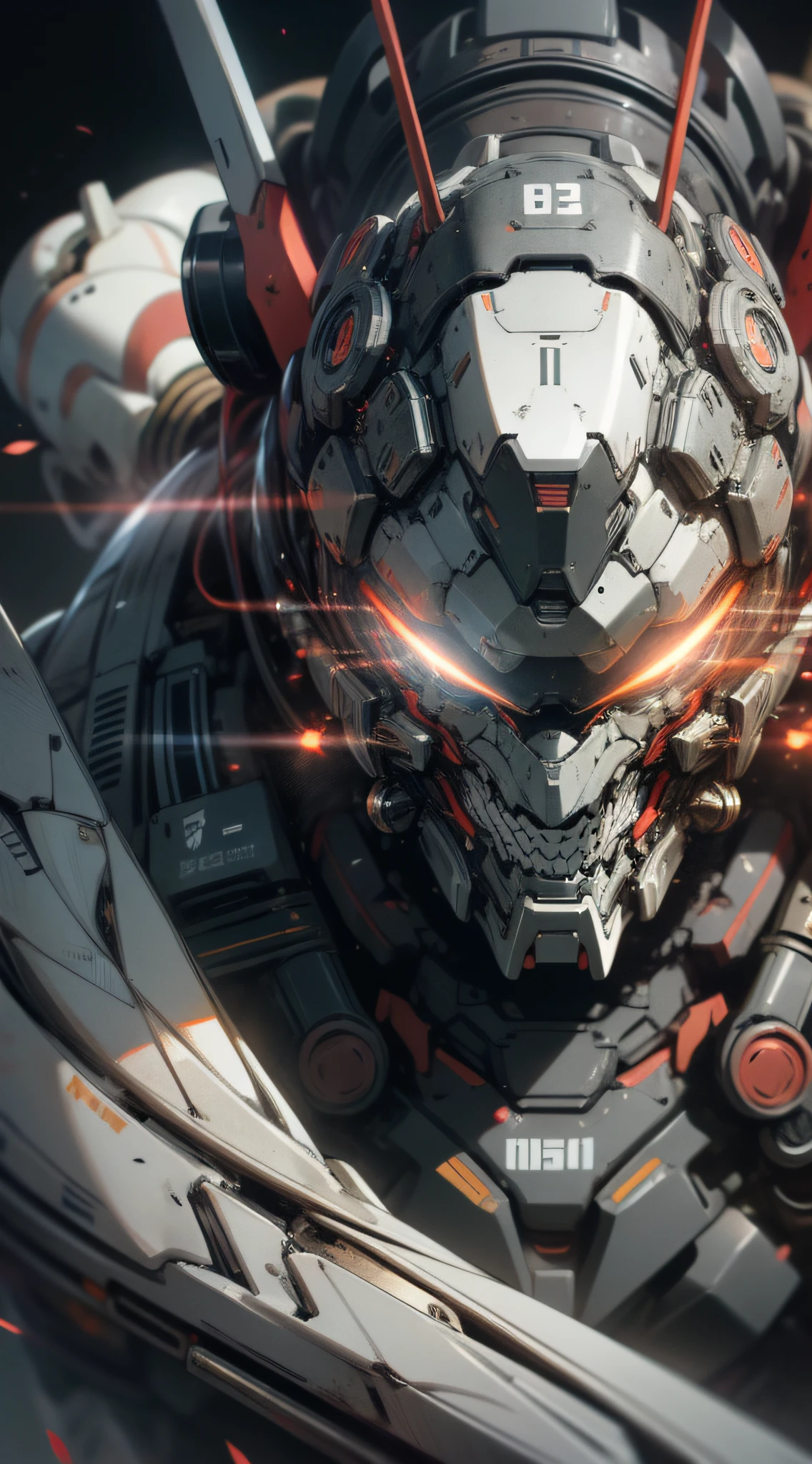 giant robot, fine machine, mechanism, slender, glowing eyes, black and white, humanoid, (multiple eyes), dark background