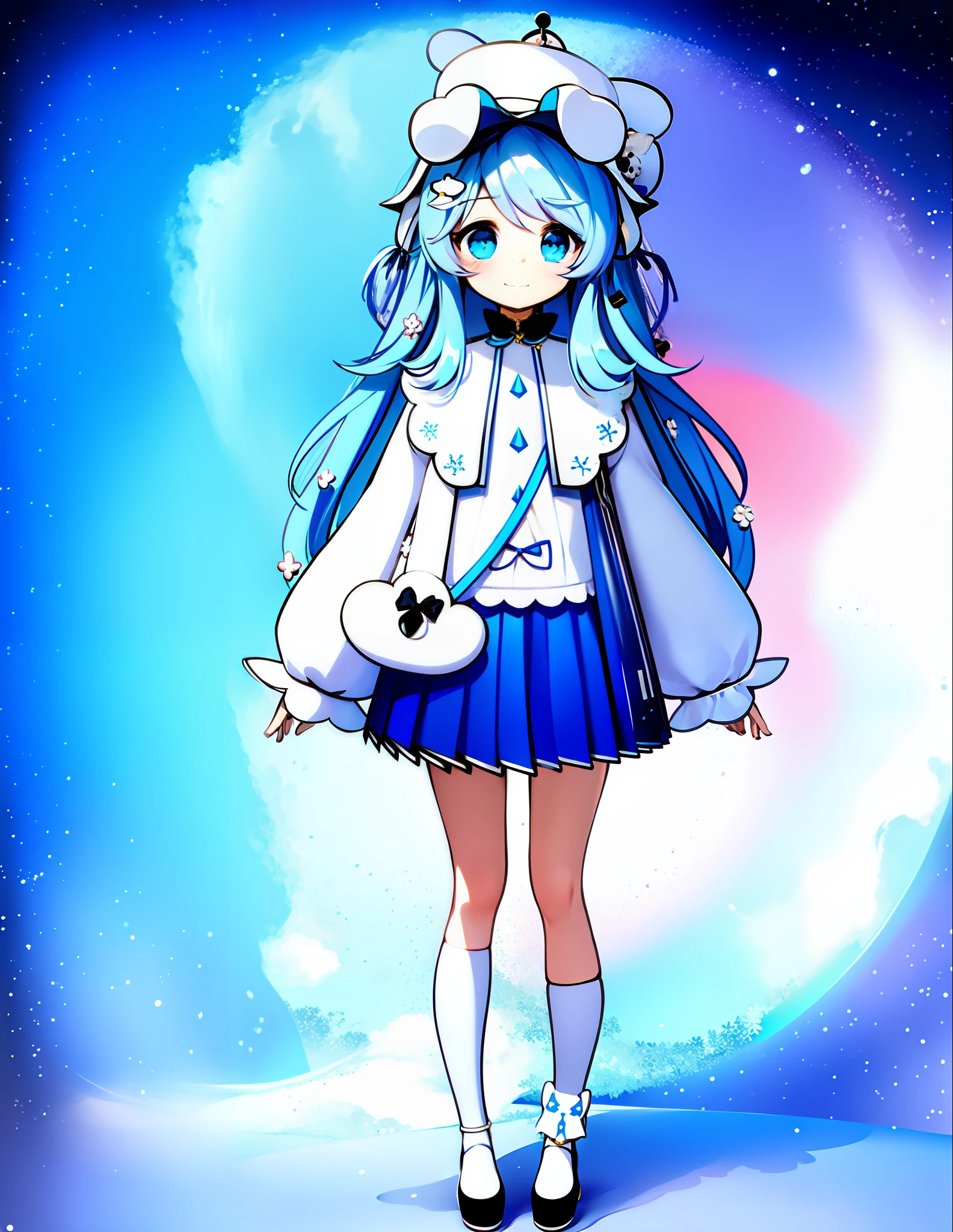 anime girl in a blue and white dress and hat, small curvy loli, cute character, render of april, render of a cute 3d anime girl, full body adoptable, lunar themed attire, single character full body, anime full body illustration, official character art, pretty anime character design, full body character, anime vtuber full body model, full body single character