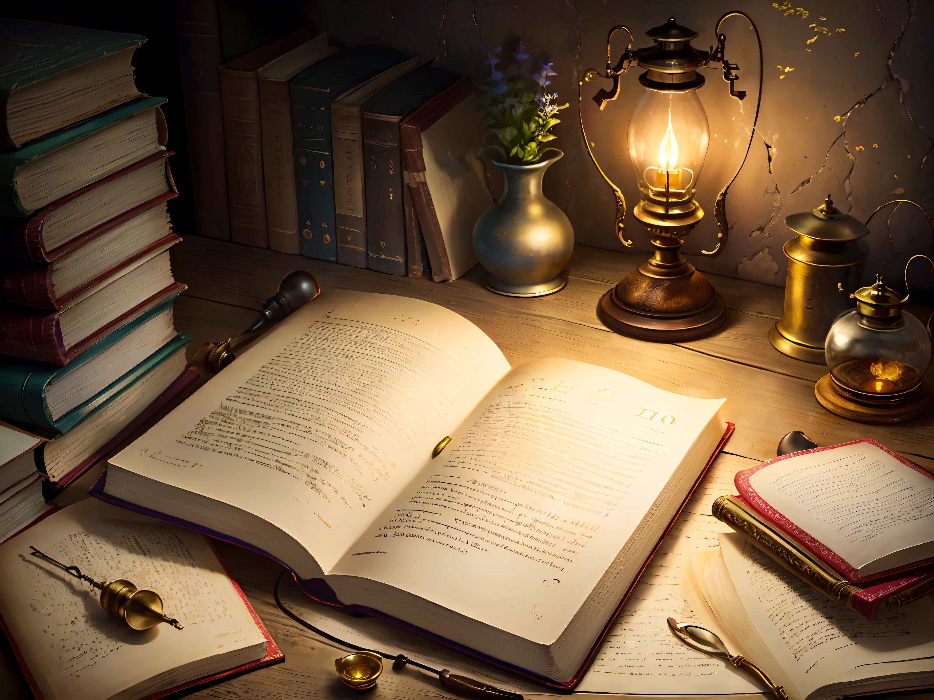 A book and an oil lamp, the only source of light, lie on a large shabby table top