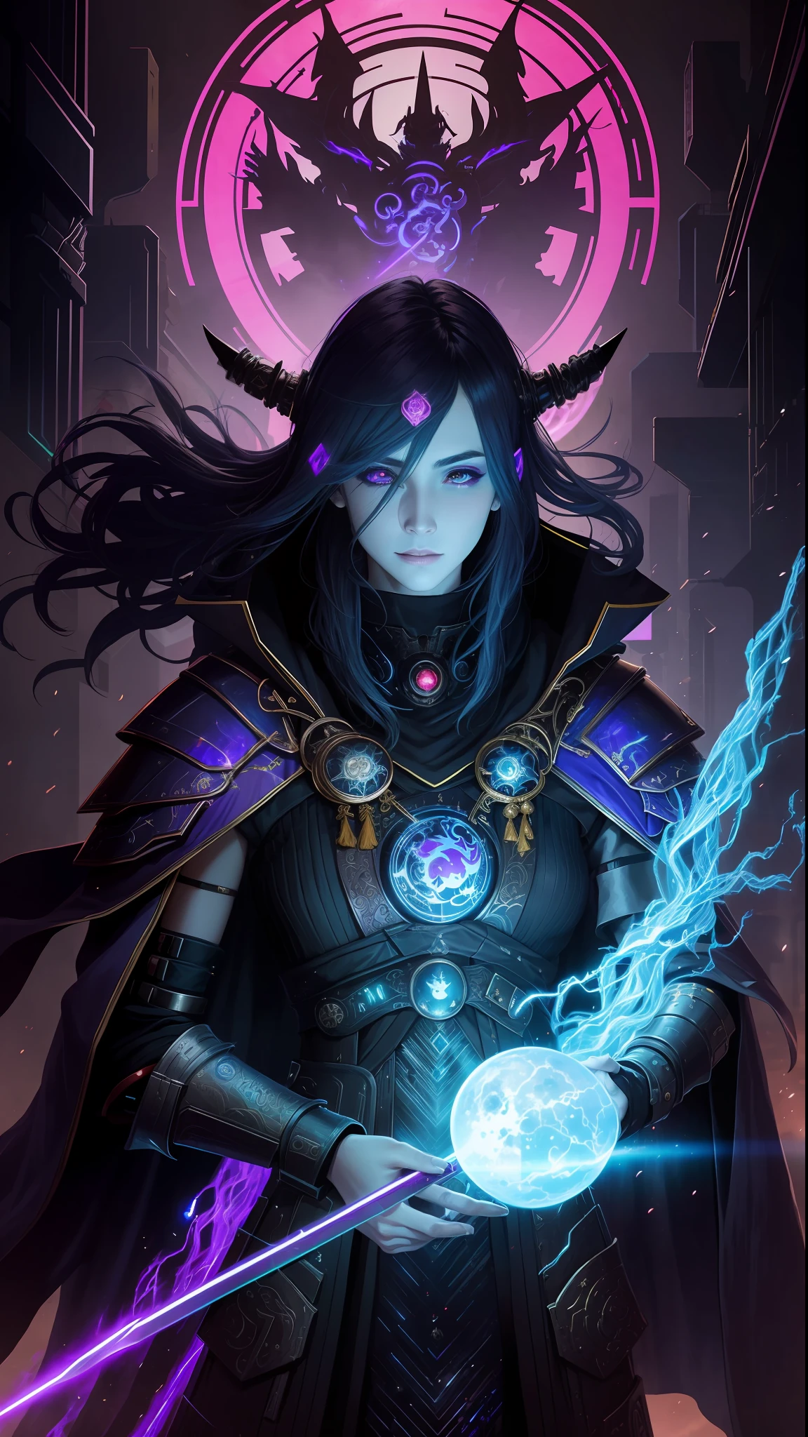 nijistyle,rfktr_technotrex,cyberpunk (sorceress:1.2) casting spells wearing armor, robes, cape, blend fantasy and science fiction together, techno-mancer inspired by D&D, Shadowrun, forgotten realms, wizards of the sword coast, fantasy flight,fcPortrait