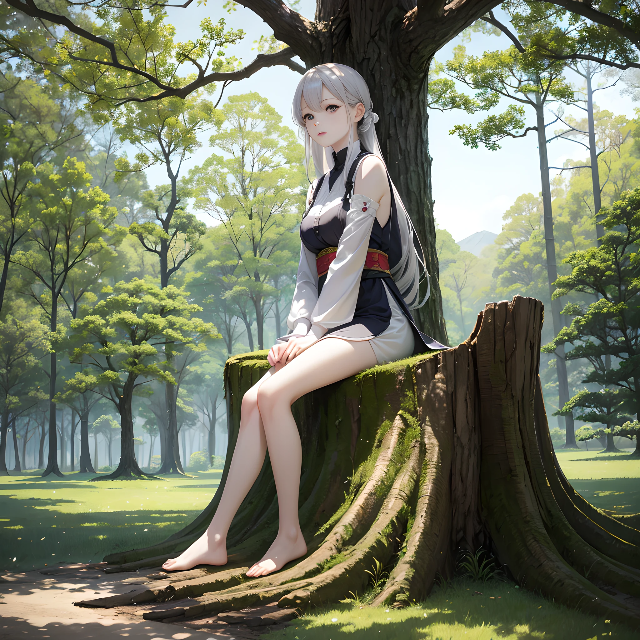 a woman sitting on top of a tree stump, a picture, shin hanga, white!!, extremely pale, skeb.jp, at a park, realistic photo”, lookbook, —n 9, true realistic image, li zixin, 8/8, may, shiny skin”