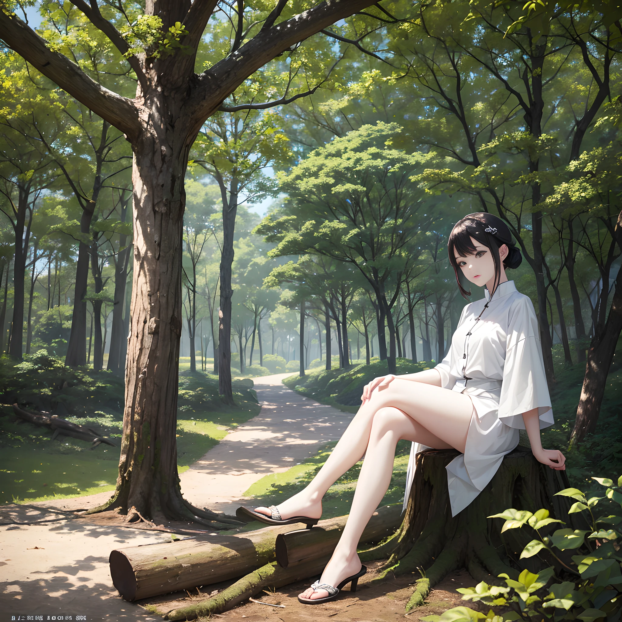 a woman sitting on top of a tree stump, a picture, shin hanga, white!!, extremely pale, skeb.jp, at a park, realistic photo”, lookbook, —n 9, true realistic image, li zixin, 8/8, may, shiny skin”