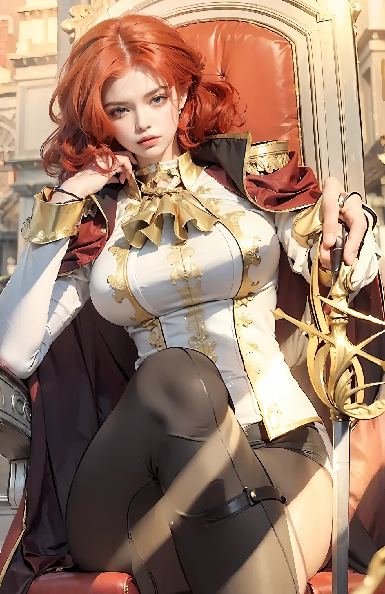 (((masterpiece))),((best quality)),detailed,dynamic pose,(Perfect and delicate hairdressing), red hair, kingdom, queen, sword