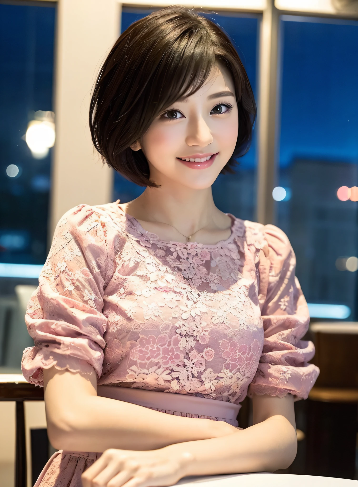 (8k, top quality, masterpiece: 1.2), (realistic, photorealistic: 1.37), super detailed, Japan person, girl 1 person, cute, lovely, adorable, alone, beautiful detailed sky, detailed café, night, sitting, date, (blush), (smile: 1.15),(closed)big,beautiful fine eyes,business wear,white lace,(short hair:1.2),floating hair NovaFrogStyle,