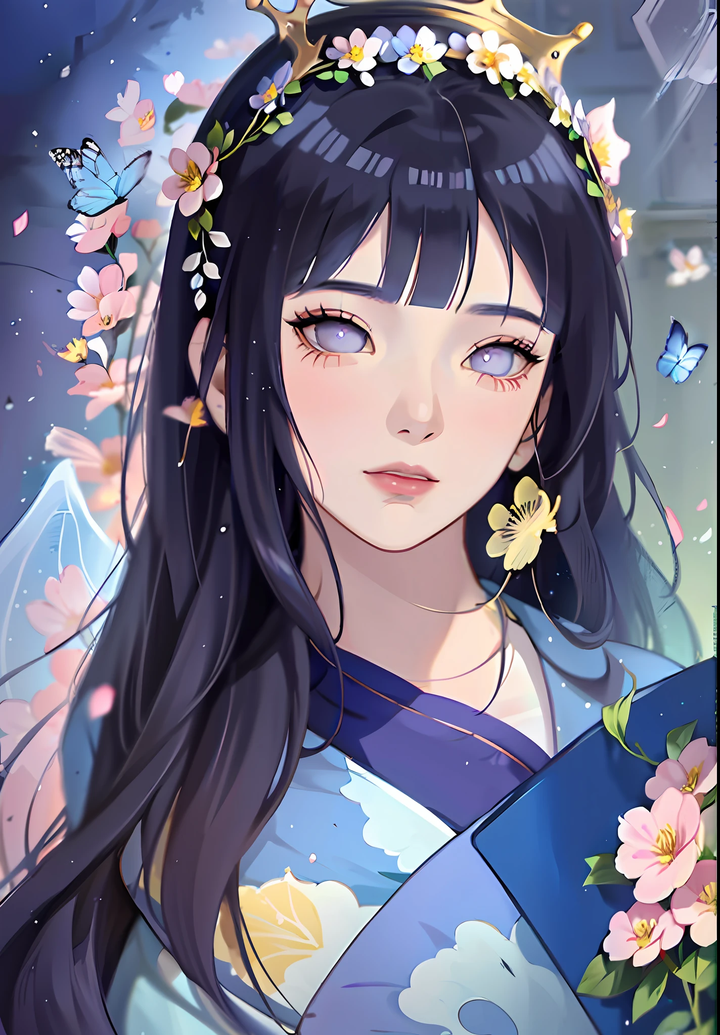 anime girl with dark blue hair wearing a blue dress, artwork in the style of guweiz, beautiful anime portrait, guweiz, beautiful anime girl, beautiful anime style, anime girl with dark blue hair, anime style. 8k, in the art style of bowater, beautiful digital illustration, beautiful character painting, stunning anime face portrait, ((blunt bangs)), purple eyes, (((flowers crown))), surrounded by blue butterflies, (((dynamic angle)))