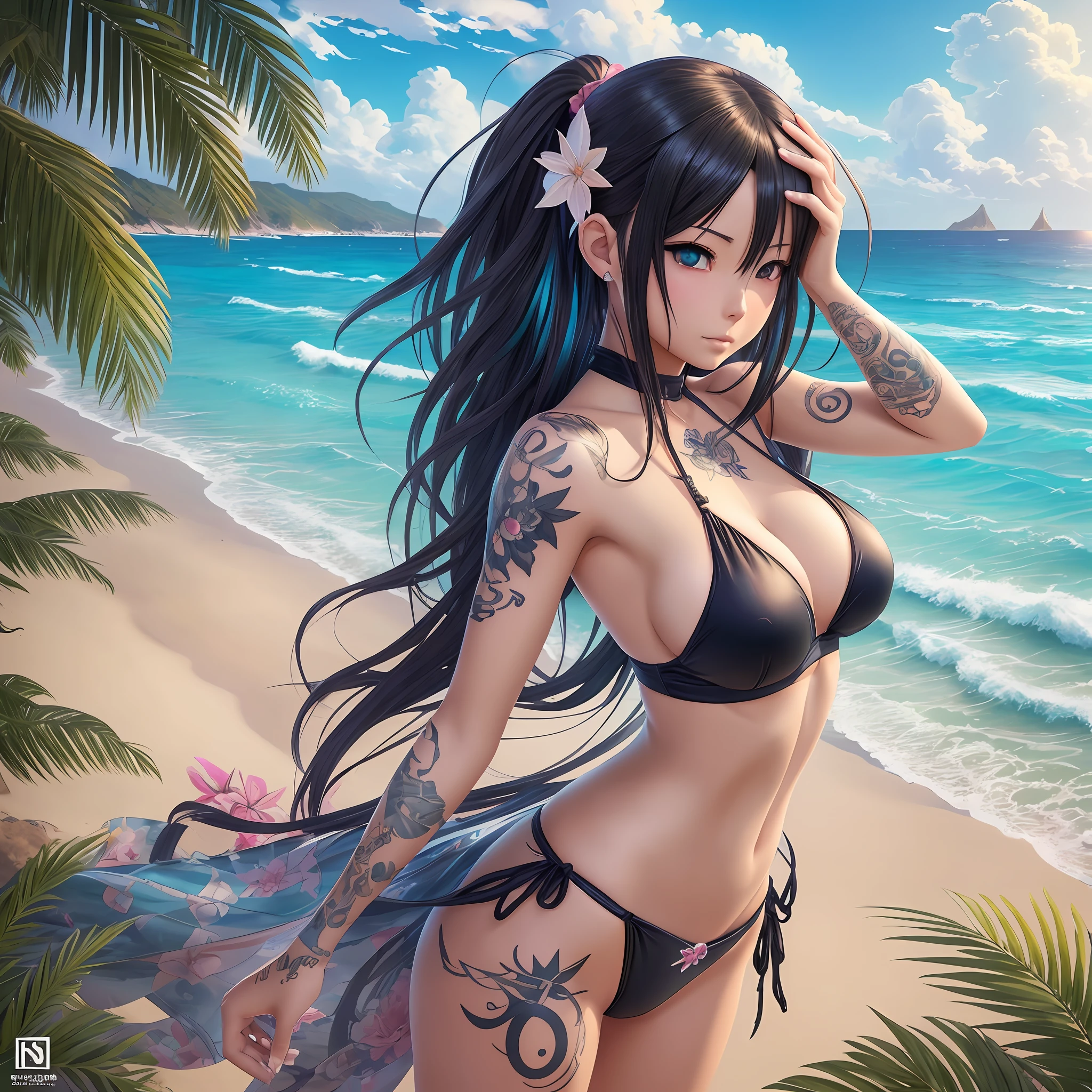 anime girl with tattoos posing on a beach near the ocean, seductive anime girl, extremely detailed artgerm, beautiful alluring anime woman, realistic bikini, 2. 5 d cgi anime fantasy artwork, smooth anime cg art, advanced digital anime art, ig model | artgerm, artgerm. anime illustration, japanese goddess, anime fantasy artwork