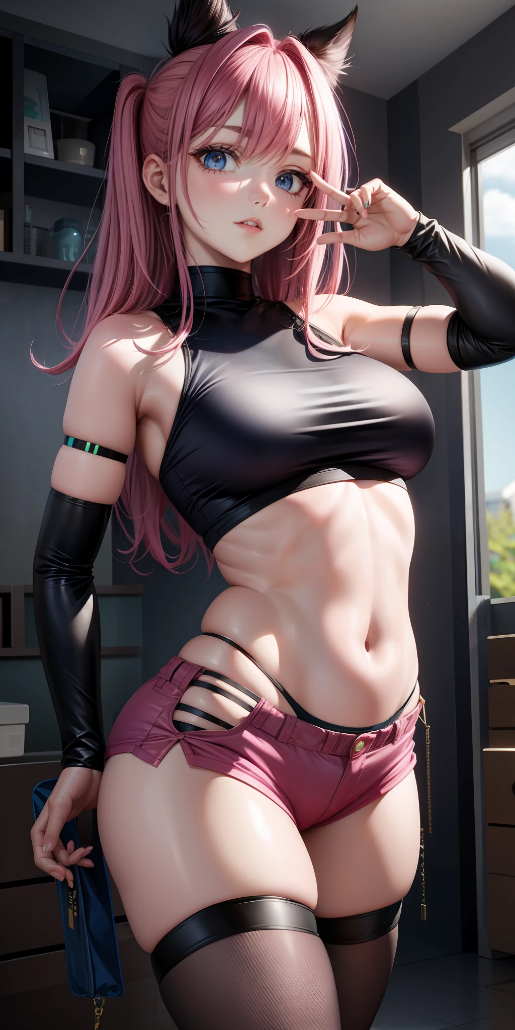 Tight shorts, pink hair, blue eyes, not too plump