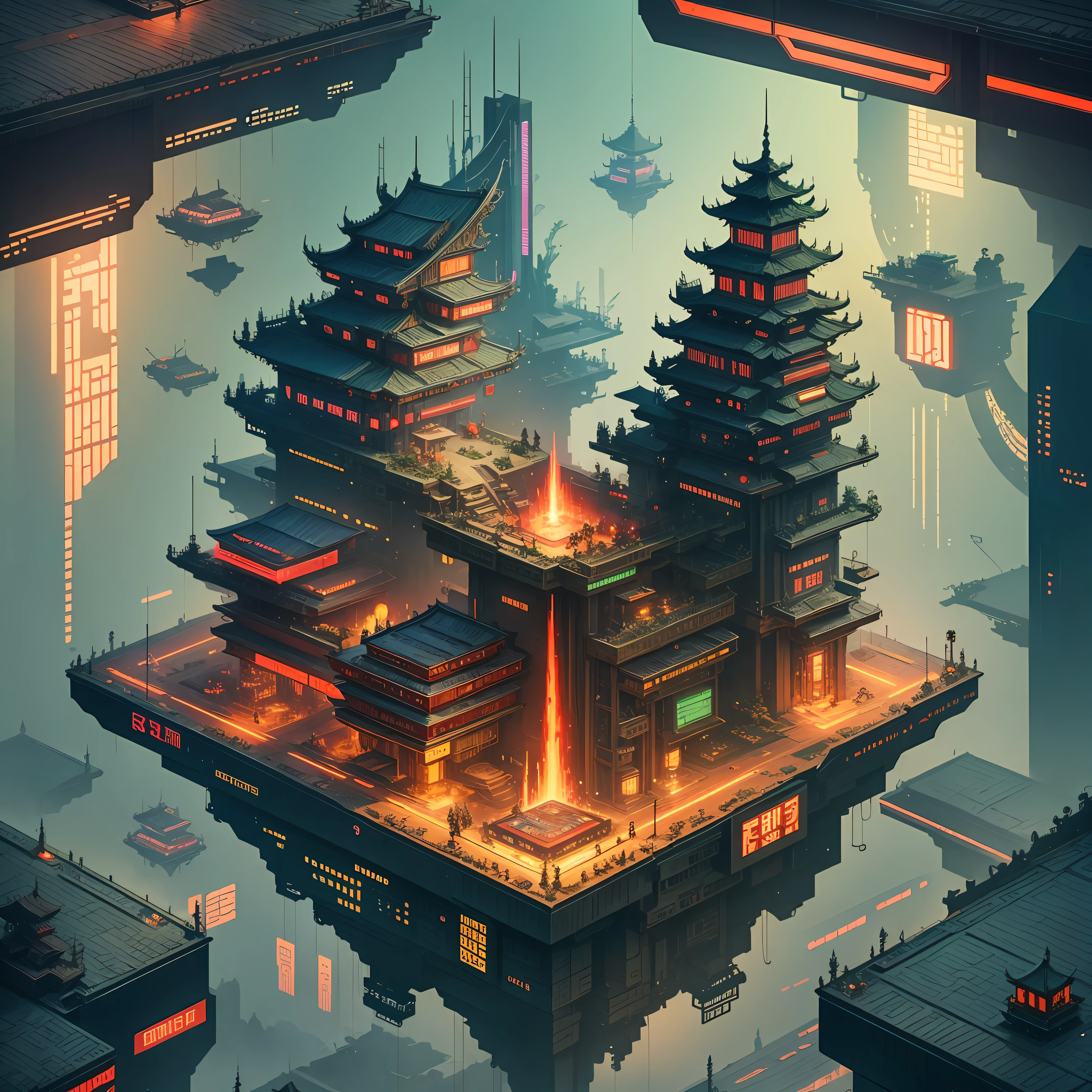 Chinese cyberpunk city, 8bits, floating island, dragons --auto --s2