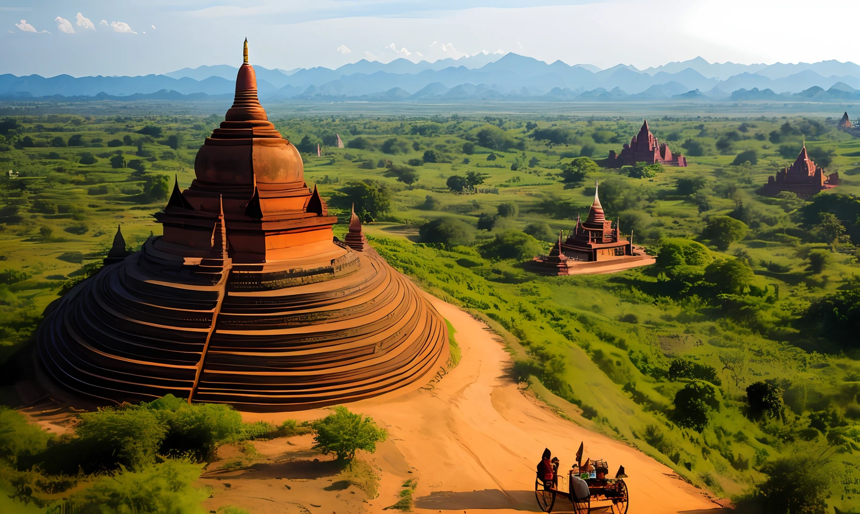 Myanmar's ancient Bagan Pagoda area can be seen from the mountain, and a tourist cart is going between the pagodas. The mud is scattered on the dirt road. The best photo.