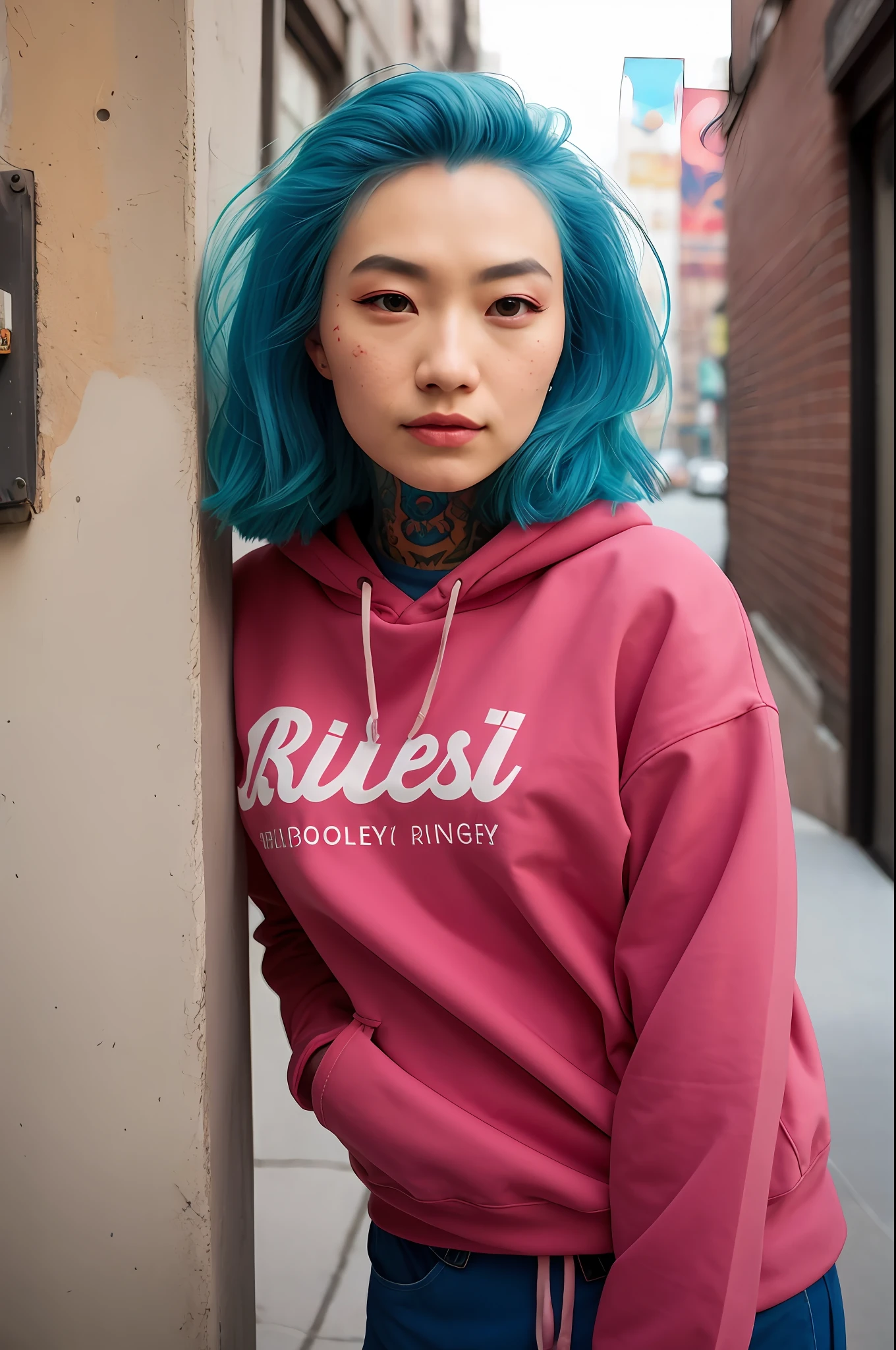 beautiful college student, wearing sweatshirt, looking at viewer, blue hair, solo, tattoo on face, upper body, detailed background NYC, city, alley, hyper detailed, detailed face, sincere POV photo, by lee jeffries, nikon d850, film stock photography,4 kodak portra 400, camera lens f1.6, rich colors, hyper realistic, realistic texture, dramatic lighting, cinestill 800,