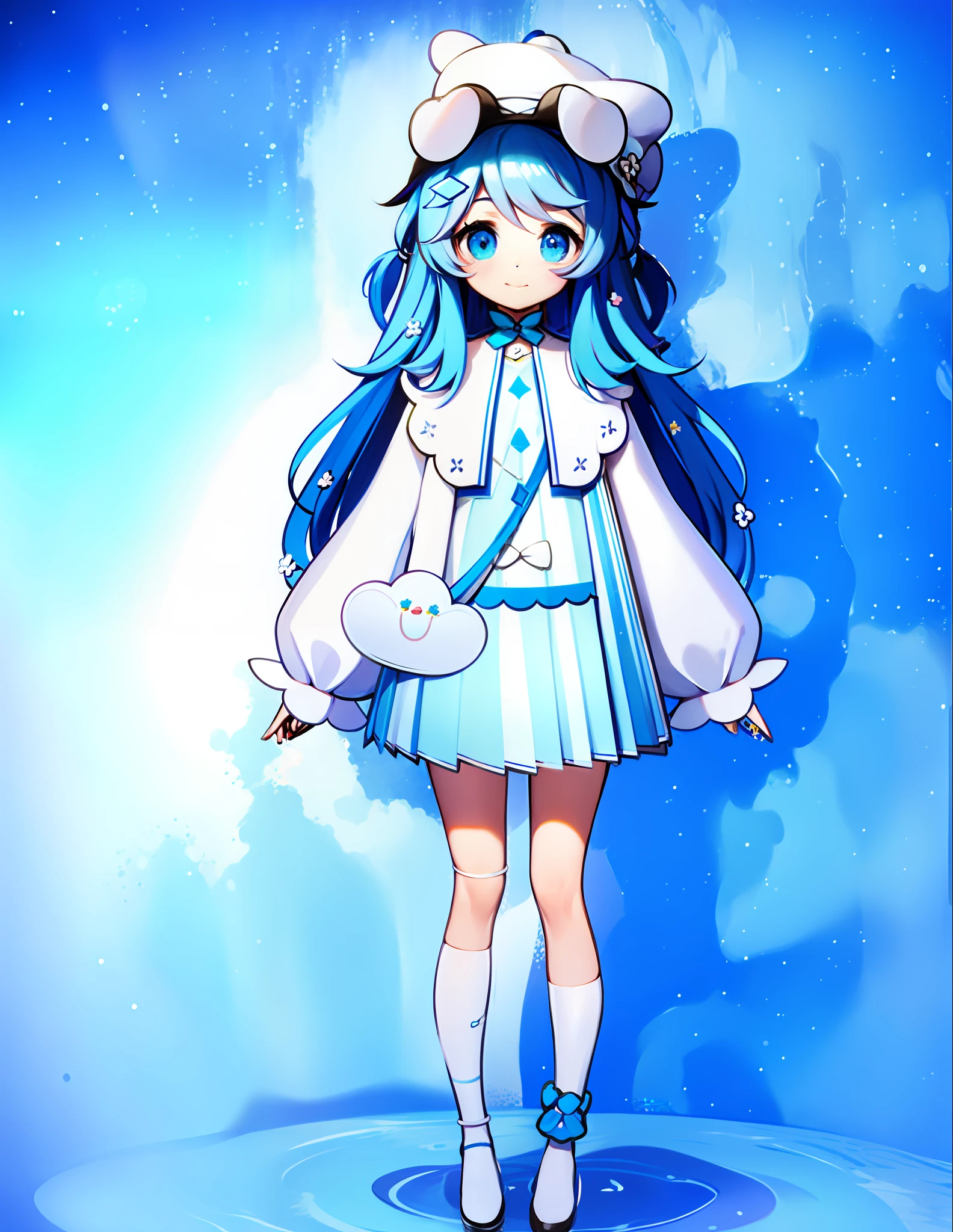 anime girl in a blue and white dress and hat, ??????????? loli, cute character, render of april, render of a cute 3d anime girl, full body adoptable, lunar themed attire, single character full body, anime full body illustration, official character art, pretty anime character design, full body character, anime vtuber full body model, full body single character