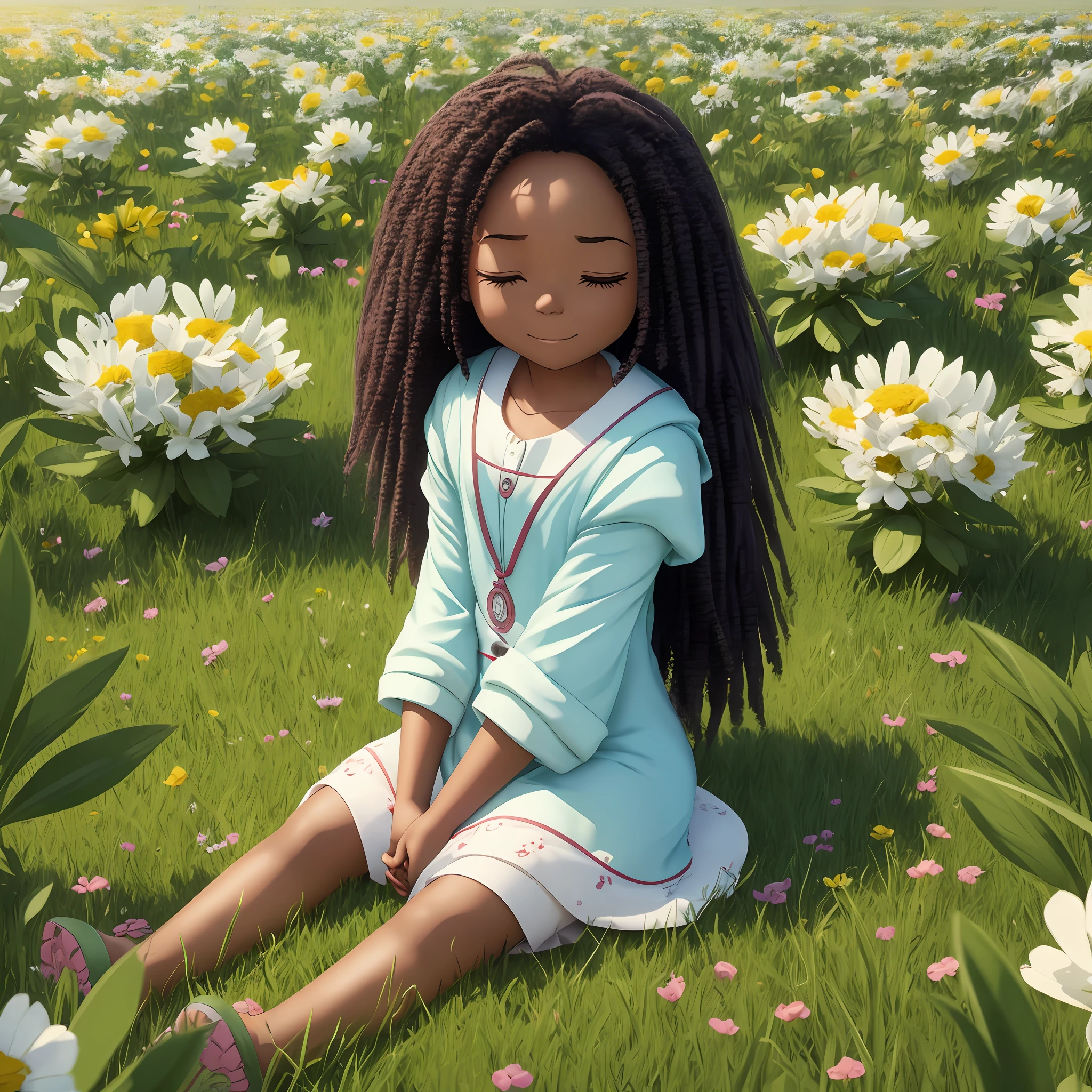 3D chibi a happy cartoon character praying on his knees in a field, black girl, ((eyes half-closed)), eyes closed, movie art, clean shot, ghailan!, like a pixar character, pretty child, afro hair long, (((full length))), grace and blessing, rendered unreal, movie promo image, rendered upscale image -   --ar 2:3 --auto --s2