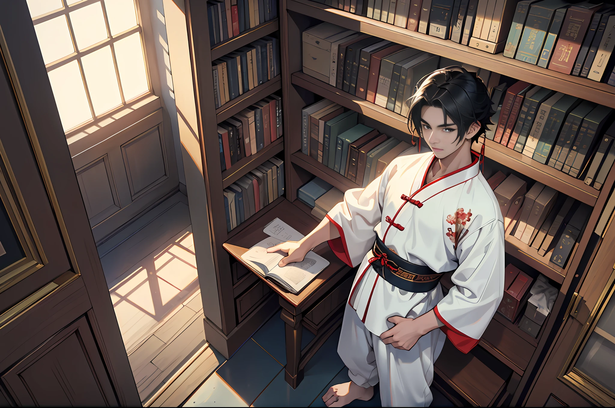 Best quality, masterpiece, high resolution, 1boy, ancient Chinese, 18 years old, short black hair, clear face, seen from above, white pajamas, standing in the library cabinet, four floors, stairs, large space, lots of books, 4k, 8k, medium and long view. Chinese ancient style. (High Detail Skin: 1.2), 8K UHD, DSLR, Soft Light, High Quality, Volumetric Light, Voyeur, Photo, High Resolution, 4K, 8K.