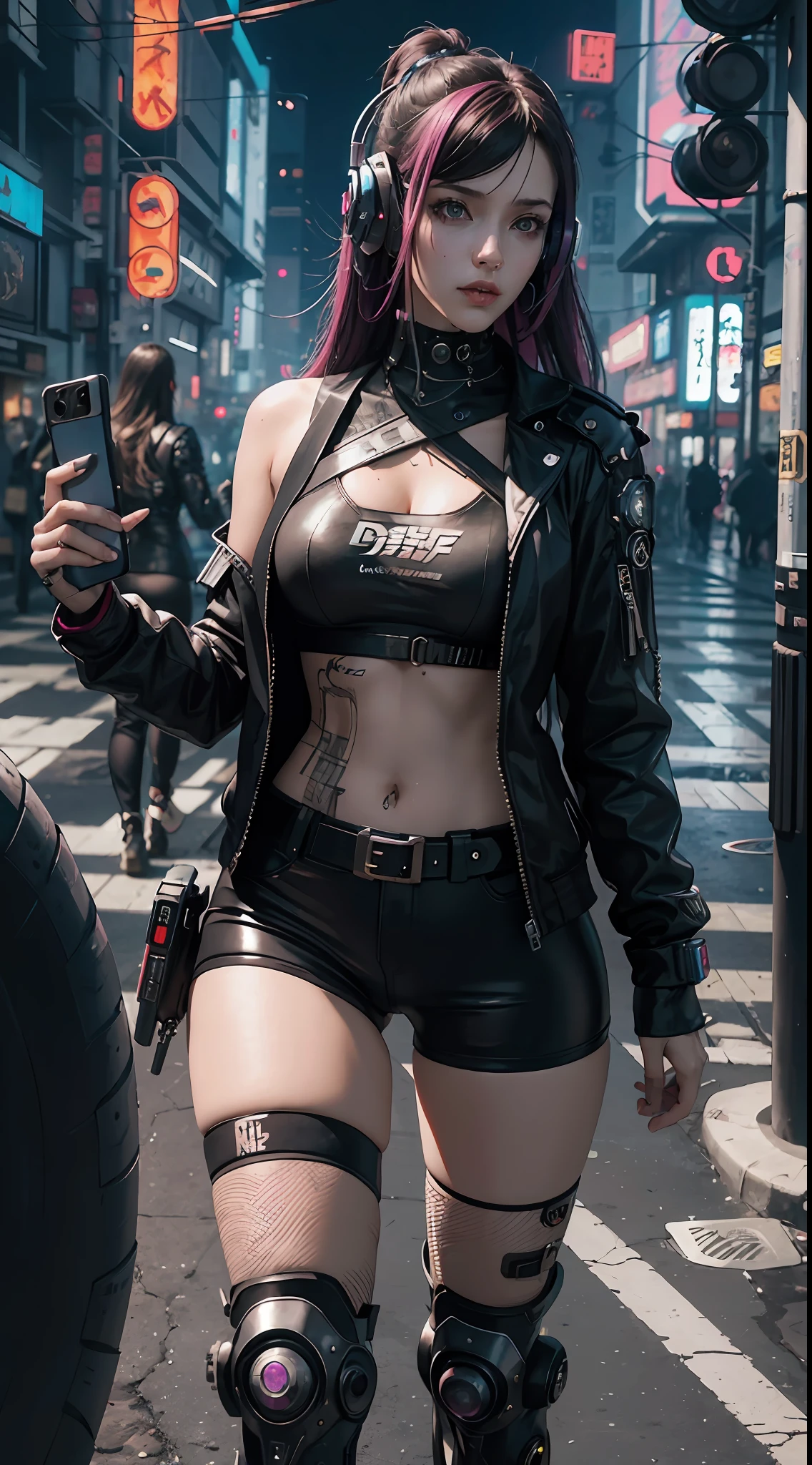 a woman with headphones holding a cell phone, cyberpunk beautiful girl, cyberpunk girl, cyberpunk woman, diesel punk female, the cyberpunk girl portrait, trending in art station, hyper-realistic cyberpunk style, cyberpunk style ， hyperrealistic, beautiful cyberpunk woman model, beautiful cyberpunk girl face, high quality cyberpunk art, female cyberpunk anime girl, dreamy cyberpunk girl, cyberpunk women, cyberpunk character