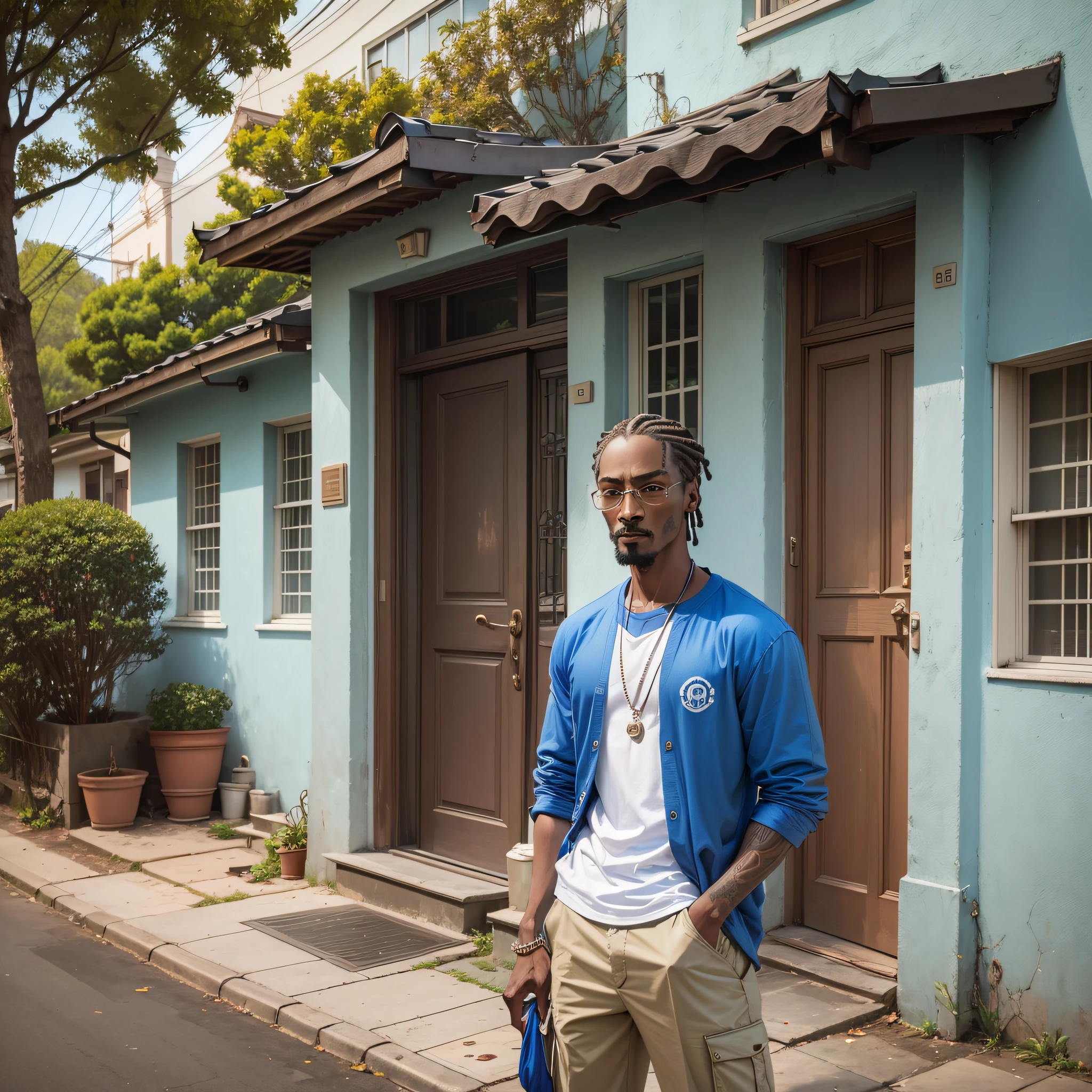 There is a man standing outside a house wearing a blue shirt, inspired by dcendcen, snoop doggy dog, curly-haired carabe man, Snoop, taken in the early 2020s, in the style of Davey Adesida, --auto --s2