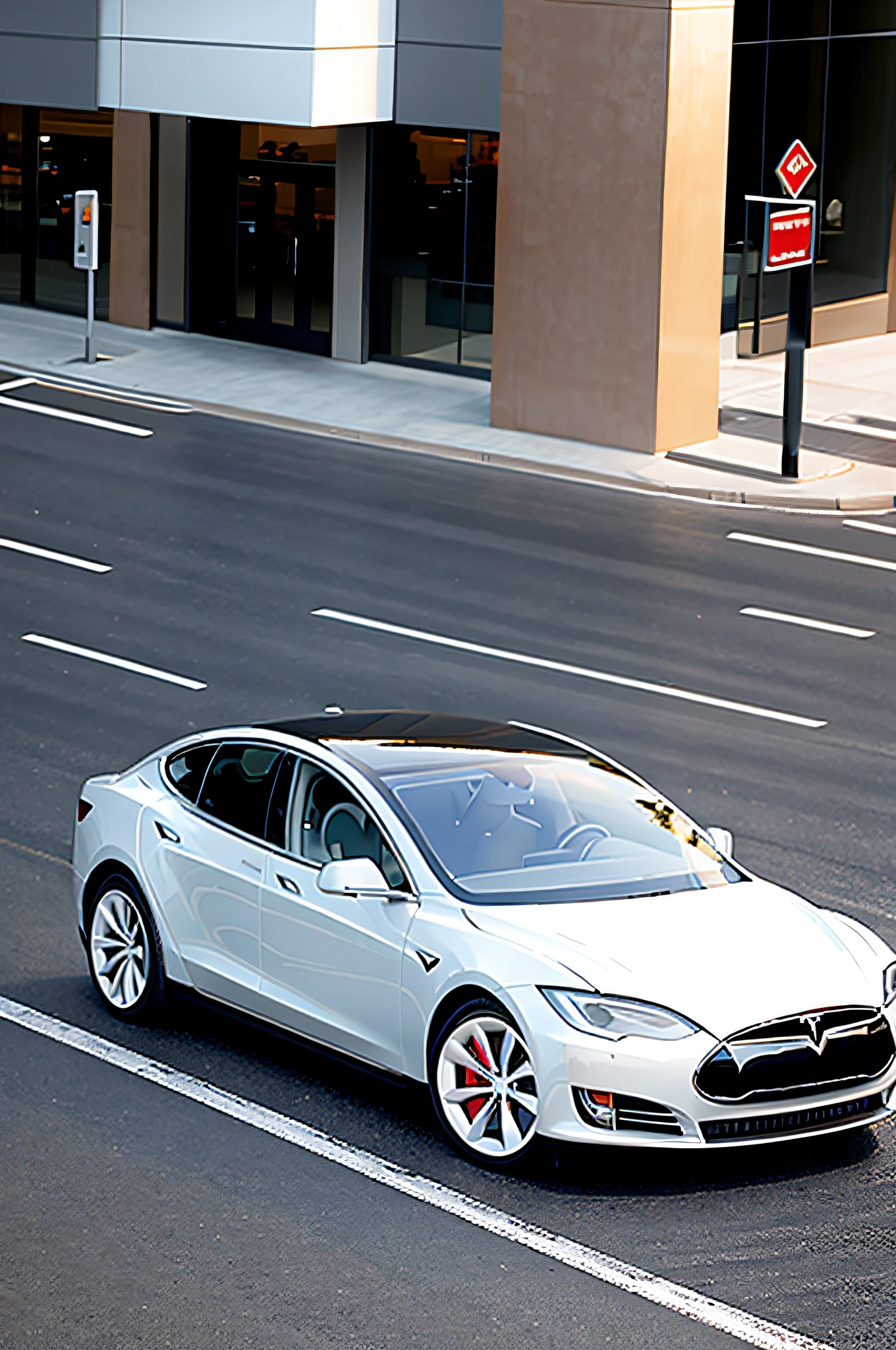 Tesla Motors, in the city, several cars running in parallel, luxury cars,