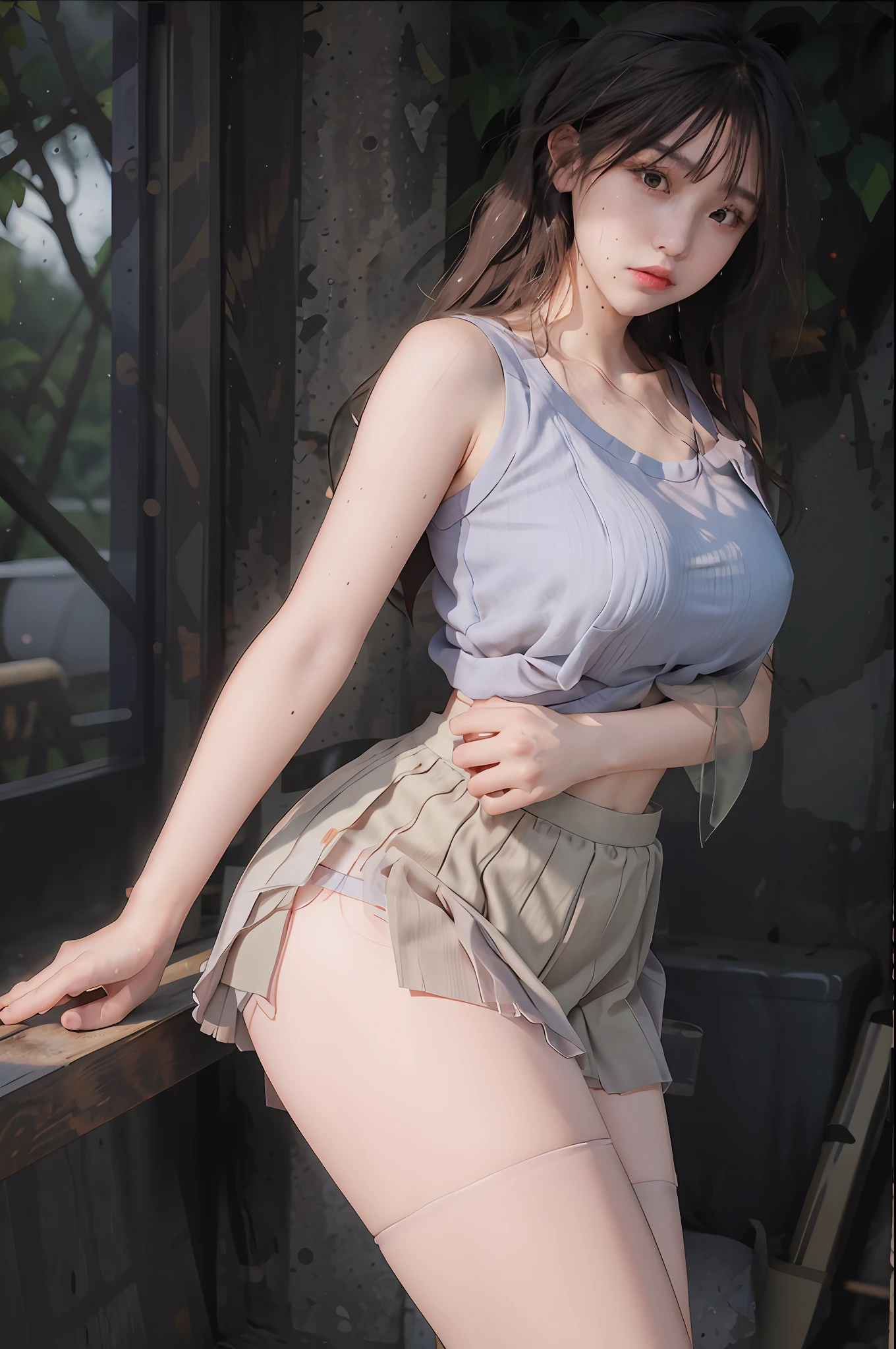 Masterpiece: 1.2, Best Quality), Realism, (Real Pictures, Rich Detail Detail, Depth of Field), (1 Girl, Solo), Makeup, Cleft Lip, High Detail, Perfect Face Shape, (: 1.4), (Skin Dents), Thick Thighs, Broad Buttocks, Thin Waist and High, Coral, Red Lips, Red Eyes, Ponytail (Girls, Tulle, Tulle Transparent), (Sweat: 1.2), (Wet), Sexy, Blush, (Shy Expression), Suspenders, Tank Tops, Short Skirts, Shorts, Yoga Pants, Tight Short Skirts, Tight shorts, stockings, fishnet socks, pajamas, pleated skirts, skirts, hip skirts,
