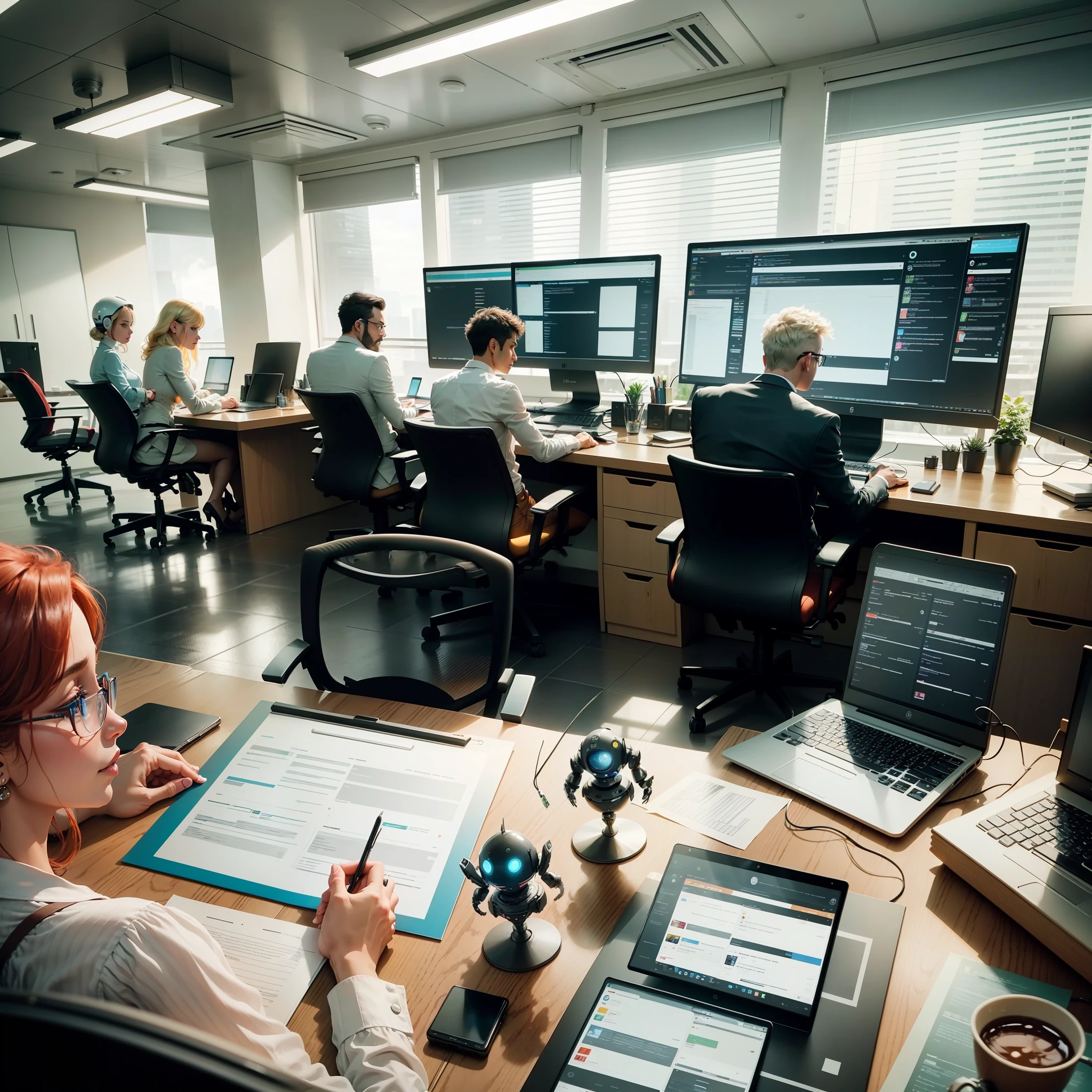 A picture of a modern law firm, with multiple computers and robots working together to produce and analyze legal documents, while human lawyers make strategic decisions --auto --s2