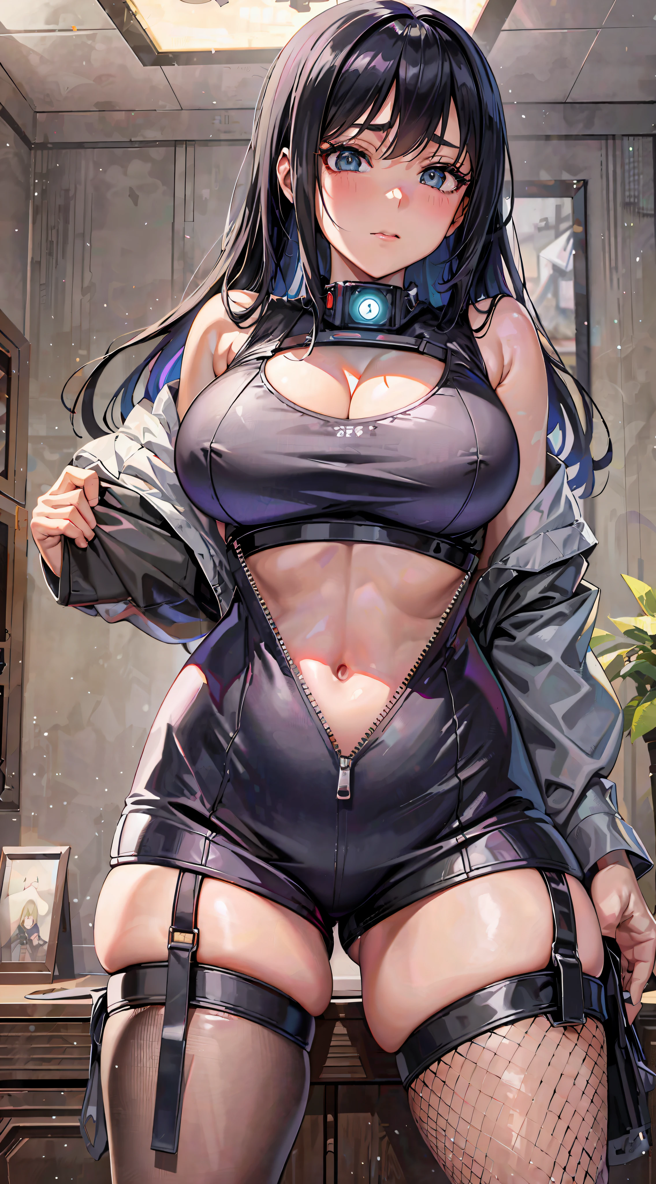 anime girl in a black outfit posing in a room, seductive anime girl, (sfw) safe for work, hinata hyuga, [ 4 k digital art ]!!, beautiful alluring anime woman, oppai cyberpunk, attractive anime girl, badass anime 8 k, anime style 4 k, detailed digital anime art, nico robin, extremely detailed artgerm, thicc