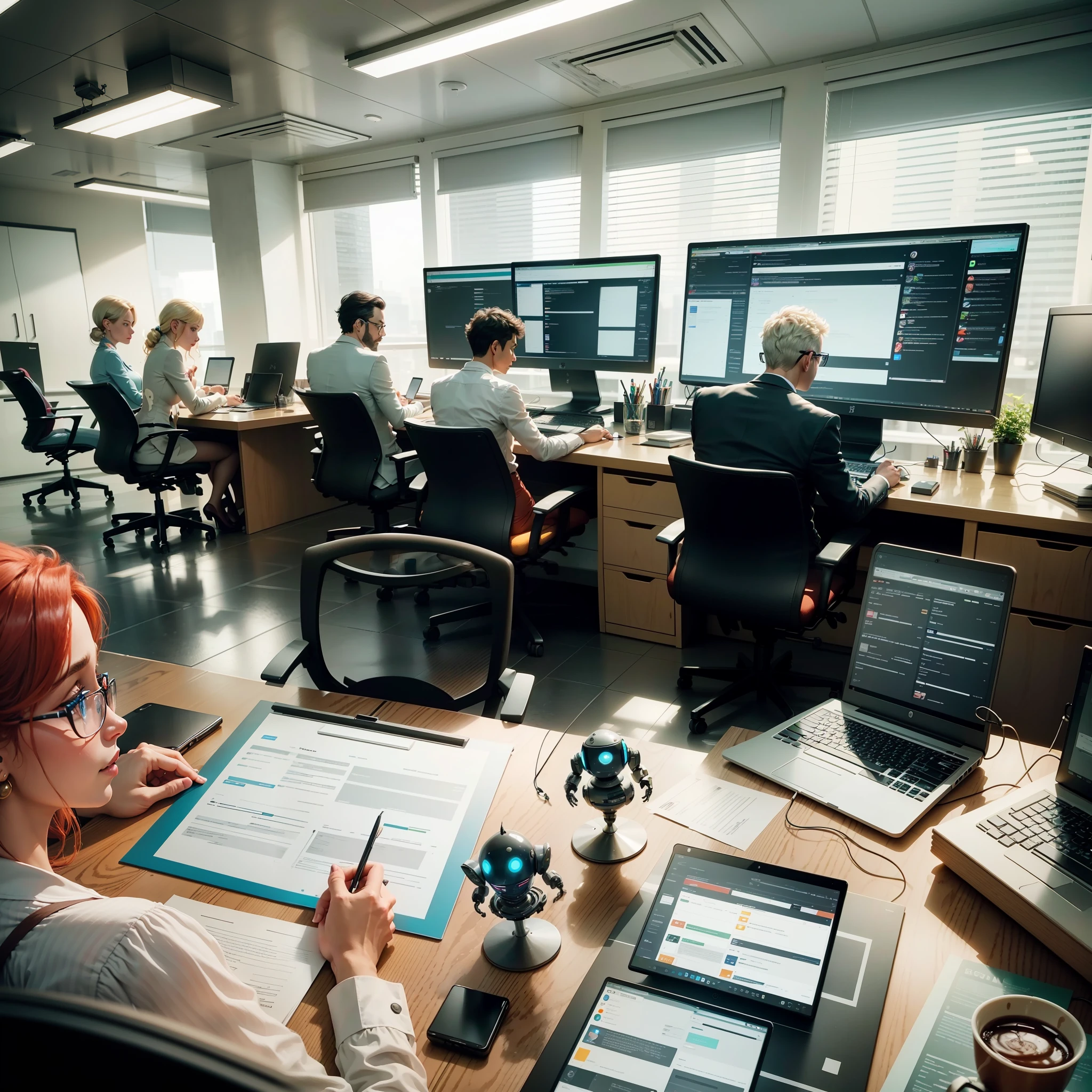 A picture of a modern law firm, with multiple computers and robots working together to produce and analyze legal documents, while human lawyers make strategic decisions --auto --s2