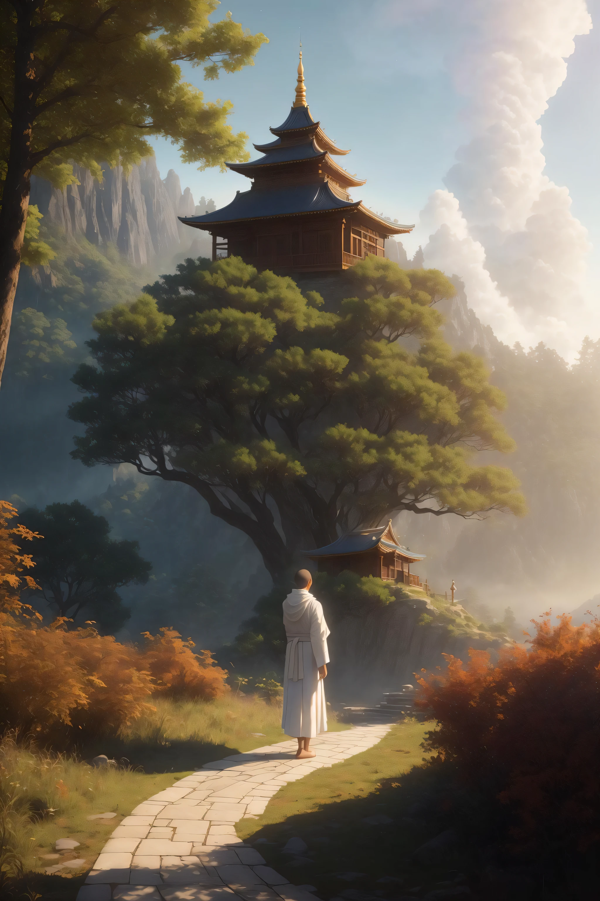 a monk is meditating, wearing a white robe in the temple, the temple is in the forest, raw photo, surreal photo, unreal engine 4, 8k, super sharp, detailed colors, wide color coverage , extreme scene detail, shading, anti-aliasing, error detail smoothing,raw photo, surreal image, unreal engine 4, 8k, super sharp, detailed colors, wide color coverage, extremely high scene detail, shading, anti-aliasing, error detail smoothing, raw photo, surreal photo, unreal engine 4.8k, super sharp, detailed color, wide color coverage, scene detail extremely tall object , (8k, RAW photo, best quality, masterpiece:1.2), (realistic, photo-realistic:1.37),modelshoot style, (extremely detailed CG unity 8k wallpaper),professional majestic oil painting by Ed Blinkey, Atey Ghailan, Studio Ghibli, by Jeremy Mann, Greg Manchess, Antonio Moro, trending on ArtStation, trending on CGSociety, Intricate, High Detail, Sharp focus, dramatic, photorealistic painting art by midjourney and greg rutkowski, scene detail extreme objects, shading, anti-aliasing, error detail smoothing