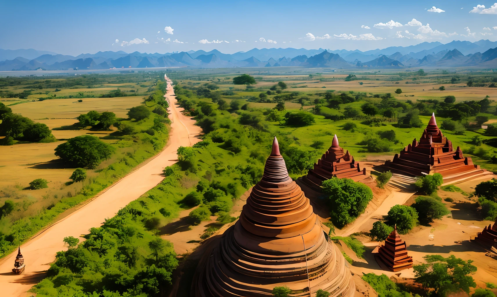 Myanmar's ancient Bagan Pagoda area can be seen from the mountain, and a tourist cart is going between the pagodas. The mud is scattered on the dirt road. The best photo.