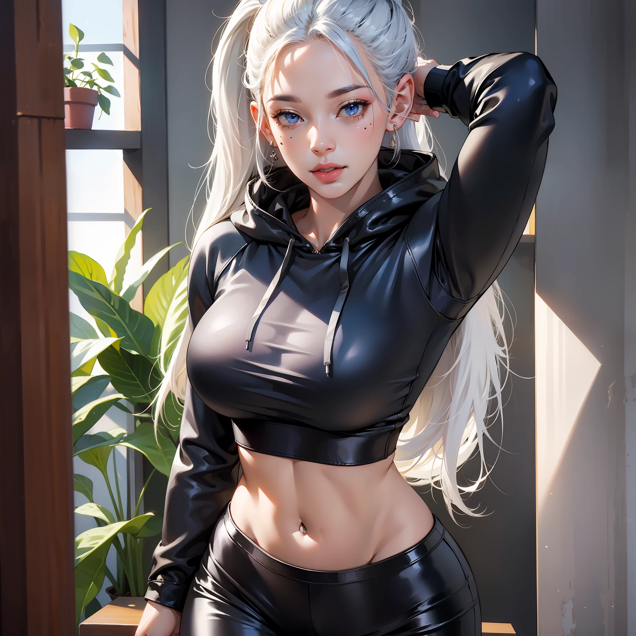 a very sexy asian woman in very tight leather leggings posing in the room, 1girl, yoga leggings, breasts, indoors, solo, hood, plant, leggings, hoodie, ponytail, long hair,white hair, jewelry, large breasts, cropped hoodie, looking at viewer, white hair, black leather leggings, mole under eye, mole, blue eyes, parted lips, potted plant, white hoodie