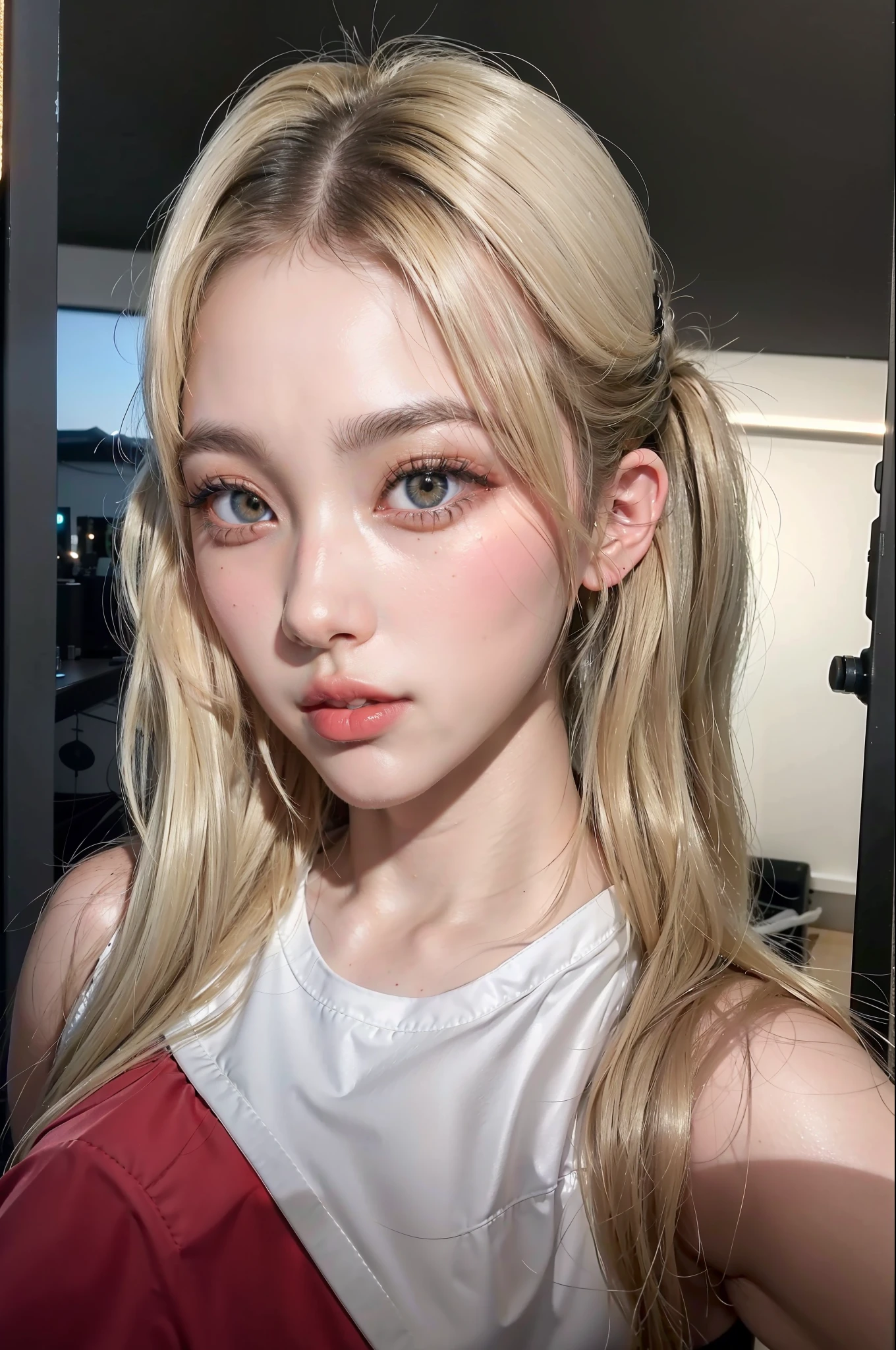 (8k, 4k, best quality, highres, ultra high res:1.1), (masterpiece, realistic, photo-realistic:1.1), 1girl, face, close-up, twintails, blonde hair, black eyes, red lips, (looking at viewer:2), absurdly long hair, long eyelashes, eyeshadow, small face, big eyes,
bare shoulders,
high contrast,