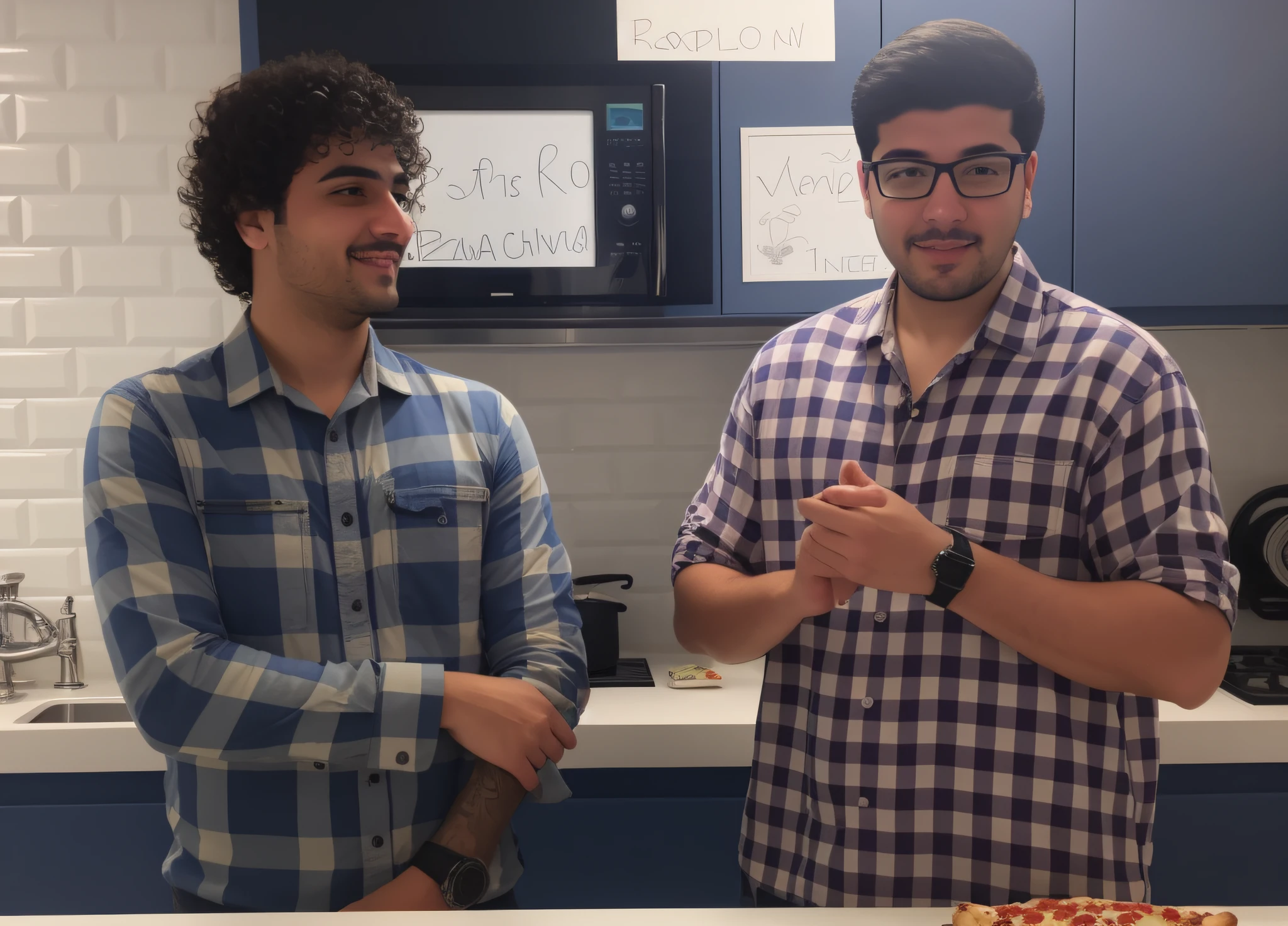 two men standing in a kitchen with a pizza on a counter, cooking show, nick silva and ilya kuvshinov, profile pic, they are very serious, petros and leonid, coworkers, in the kitchen, looking partly to the left, hidari and vlop, reddit post, mc escher and ronny khalil, photo portrait, transparent background --auto --s2