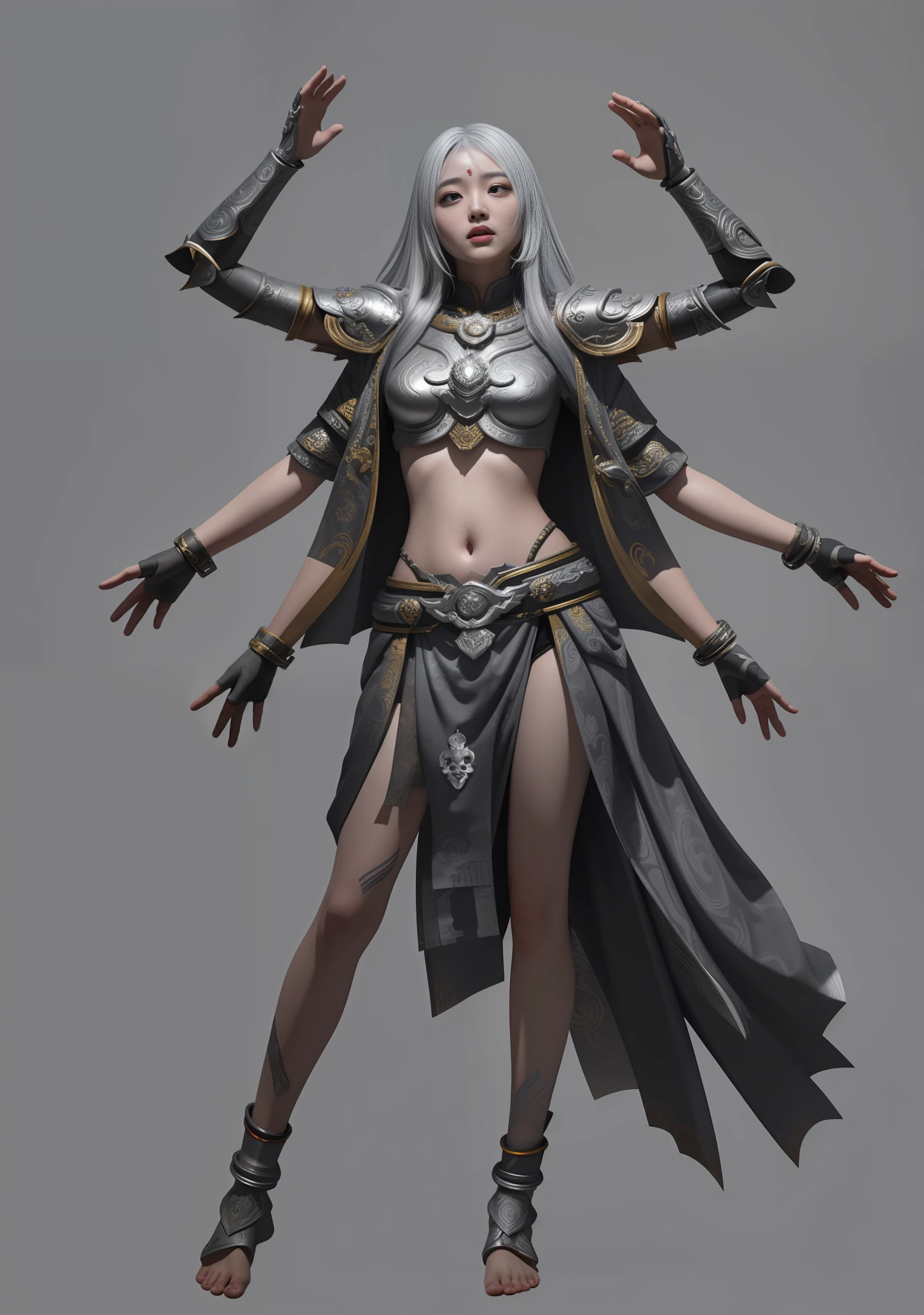 Asura Goddess, Buddhist elements, long silver hair, full body, Japanese armor, rich details, gorgeous patterns, worn-out fabric, barefoot, ray tracing, NVIDIA RTX, Super-Resolution, Unreal 5, Subsurface scattering, PBR textures, post-processing, anisotropic filtering, depth of field, maximum sharpness and sharpness, multi-layered textures, albedo and highlight maps, surface shading, accurate simulation of light-material interactions, perfect proportions, Octane Render, two-color light, large aperture, low ISO, white balance, rule of thirds, 8K RAW, 32k --niji 5