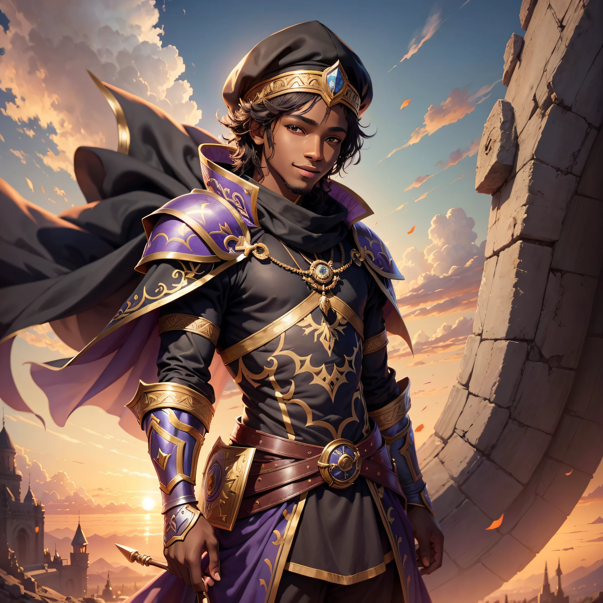 lllustration of young black prince, fantasy universe, warrior, wearing clothes, hat, body covered by fabric clothing, light smile, background with sky and clouds and sunset --auto --s2