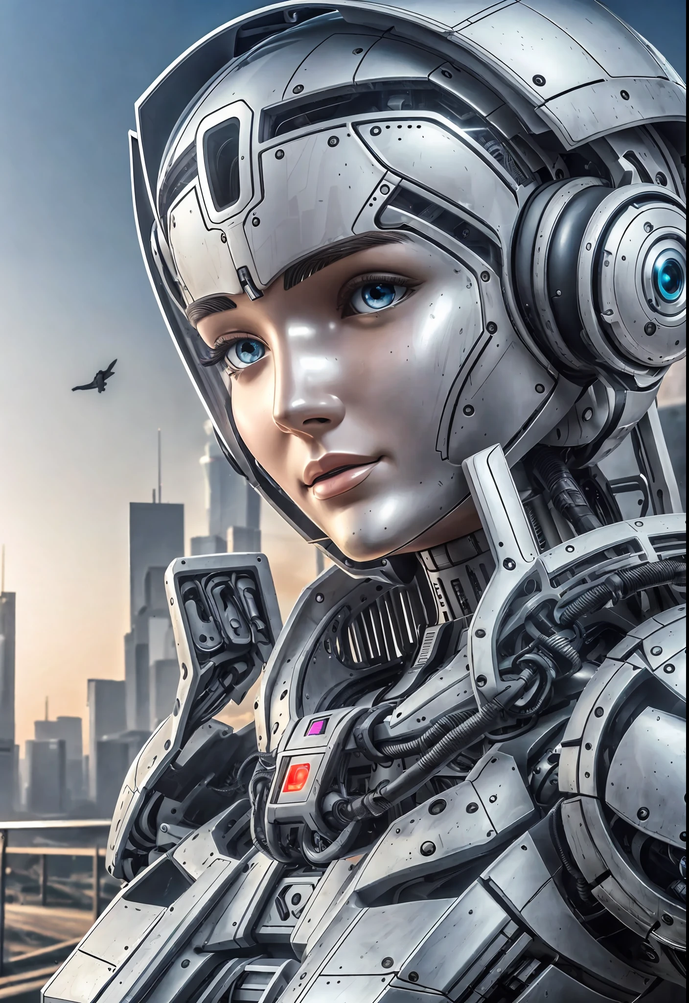 A robot with perfect female face, super realistic humanoid, robot with human-like face and mechanical detailed body, 8K image, robot with bird posing in its hand, peaceful environment, futuristic city background, super realistic robot with human-like physiognomy, peaceful robot, ((Masterpiece, best quality,)), dumb, (wet:1.2), girl, medium breasts, (see-through:1.3) --auto --s2
