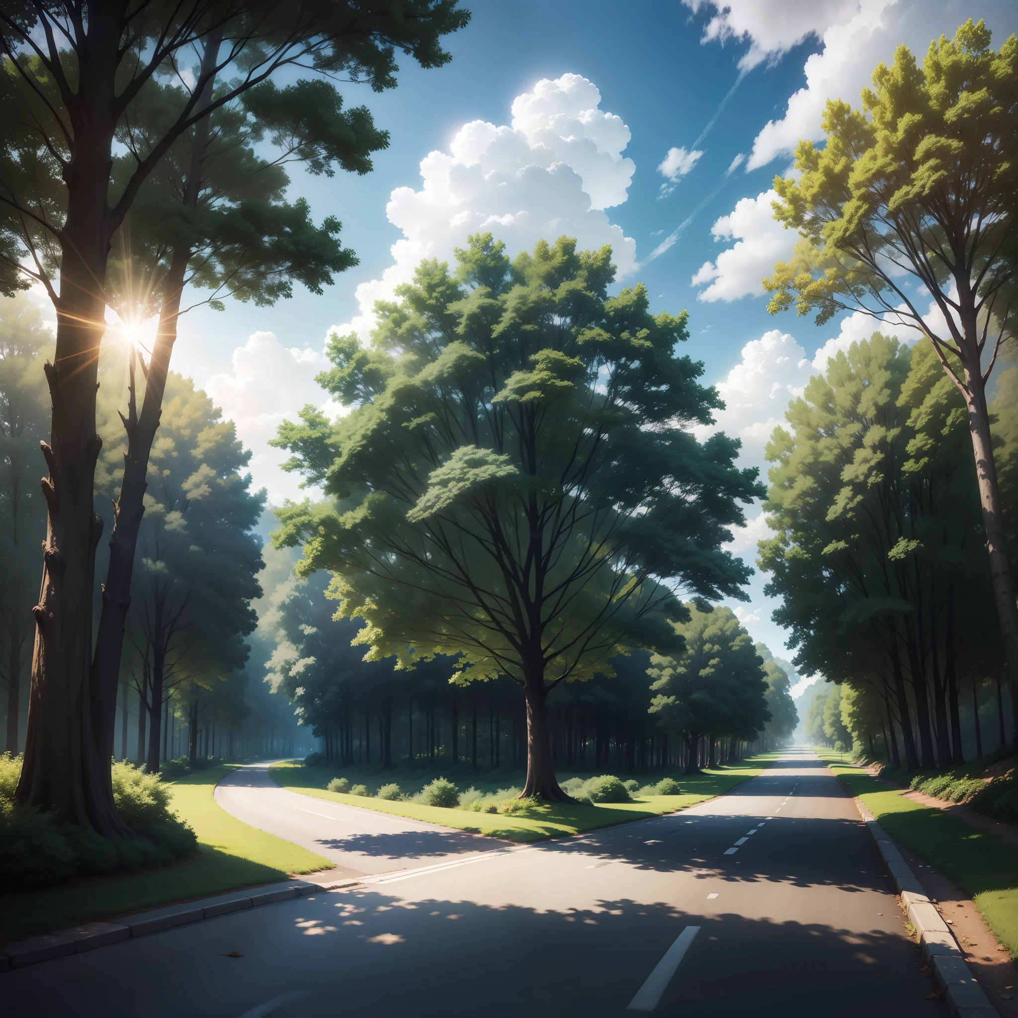 landscape with leafy trees, road paved with stones, blue sky with little clouds, cinematic lighting, lens flare, Wide-Angle, f/16, high quality
