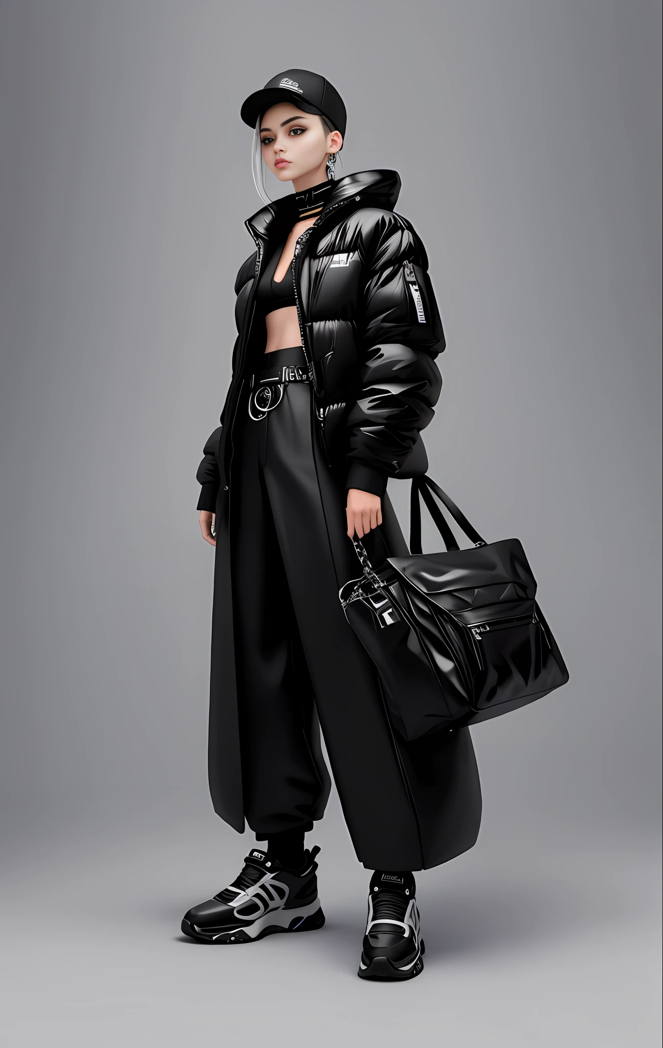 Allafard man holding a black bag in black jacket, Balenciaga fashion, Balenciaga, exterior brochure, transparent puffer fish jacket, she wears streetwear, bag, advertising image, streetwear, bag, designer, f/2 0, full body image, belt pack, futuristic Balenciaga trainers, full length view, b